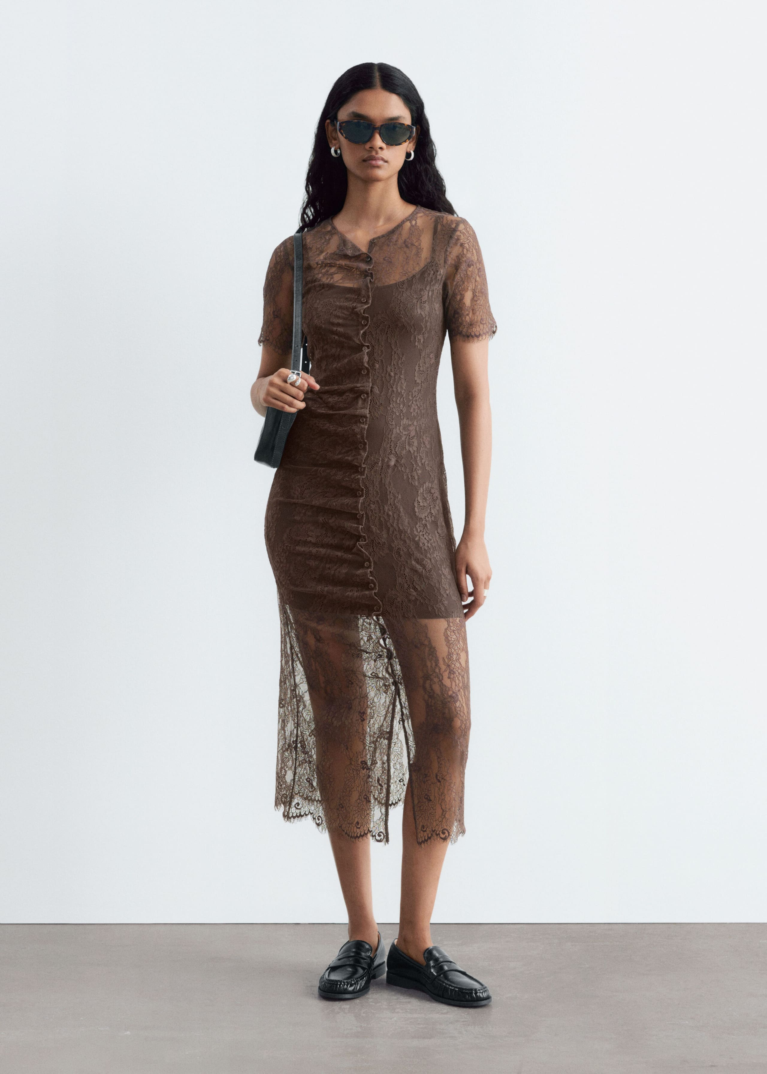 Scalloped Lace Dress - Dark Brown - Lookbook