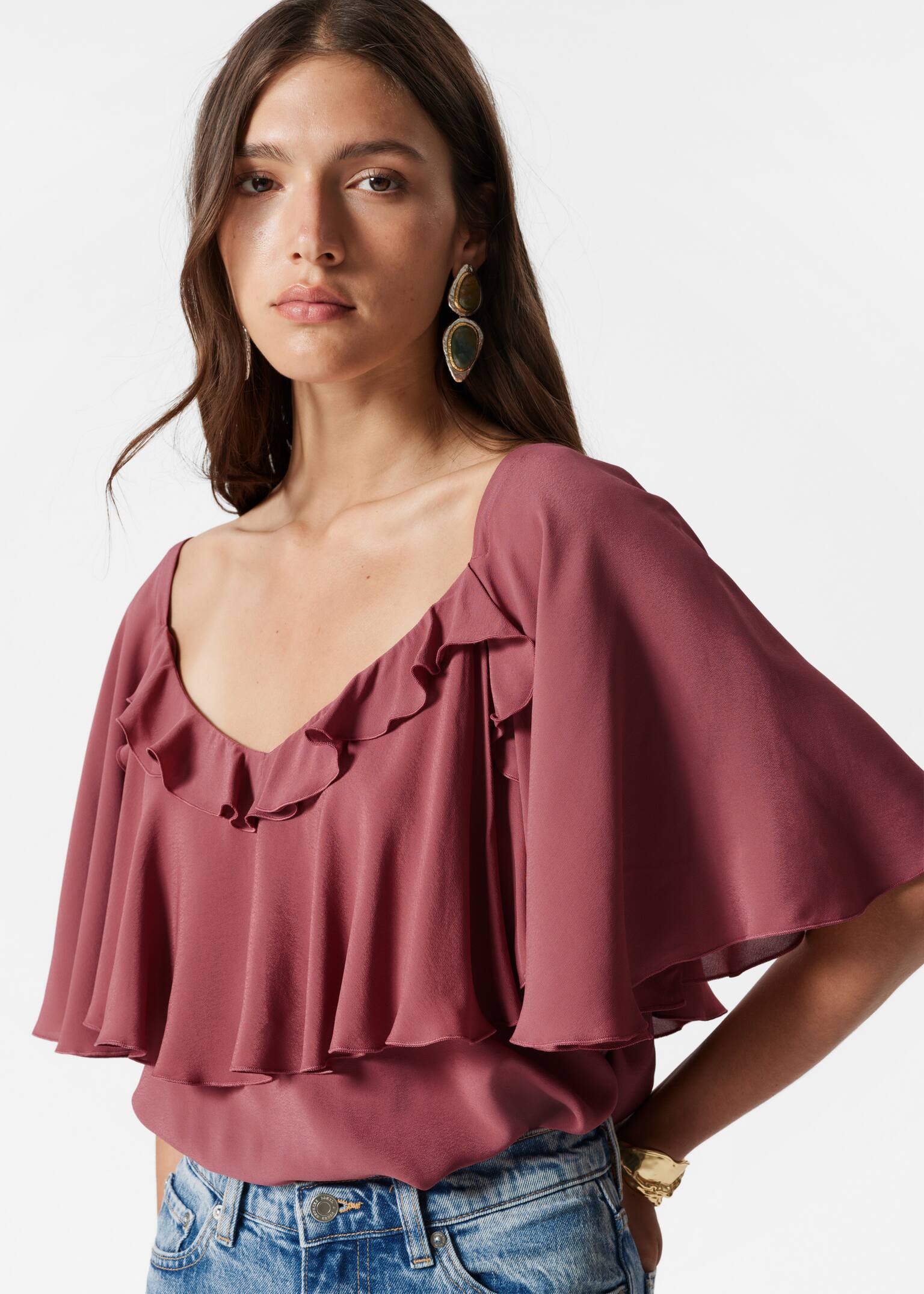 Blusa con volantes - Rojo oscuro/Azul claro - 5