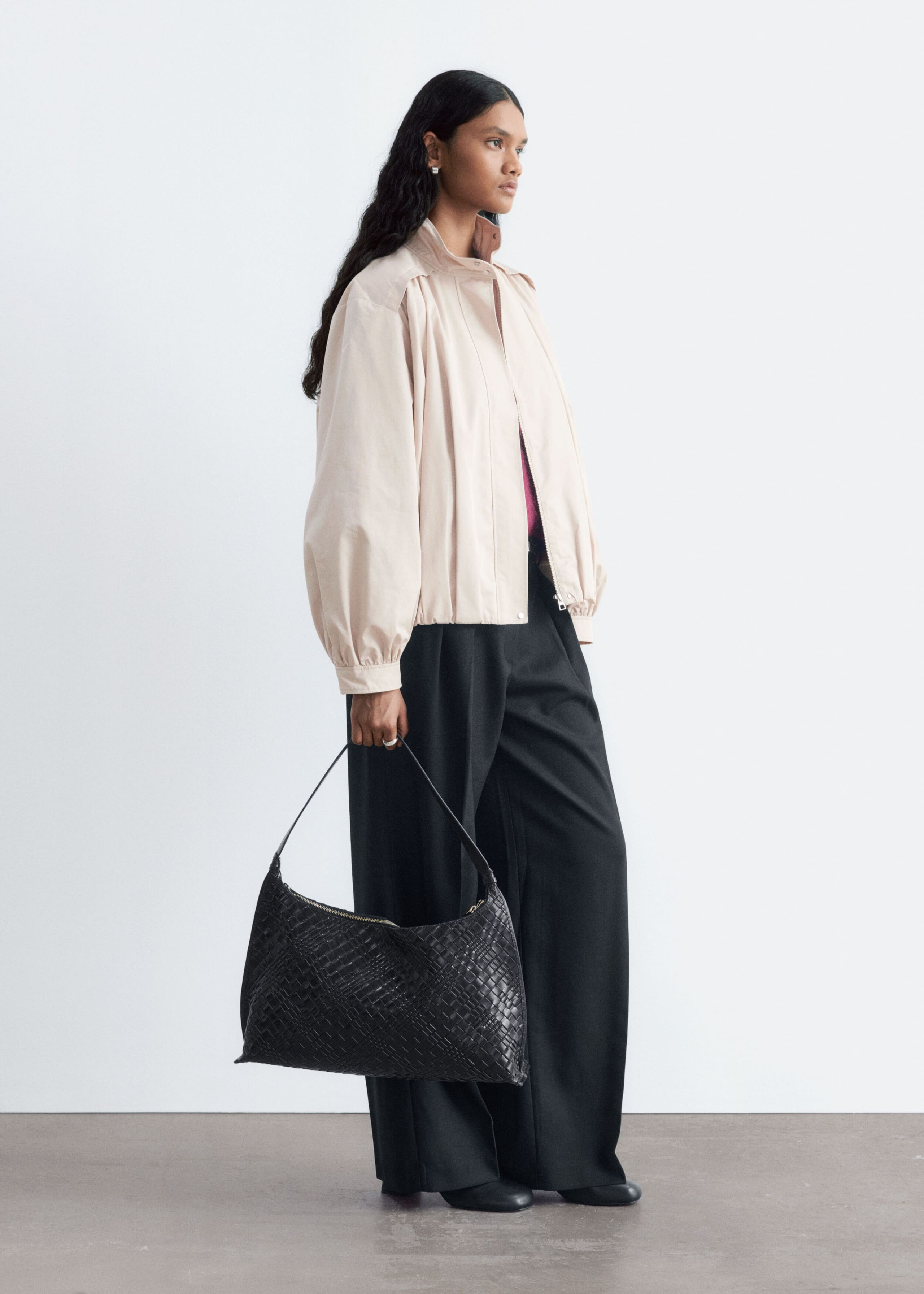 Gathered Stand-Collar Jacket - Beige - Lookbook