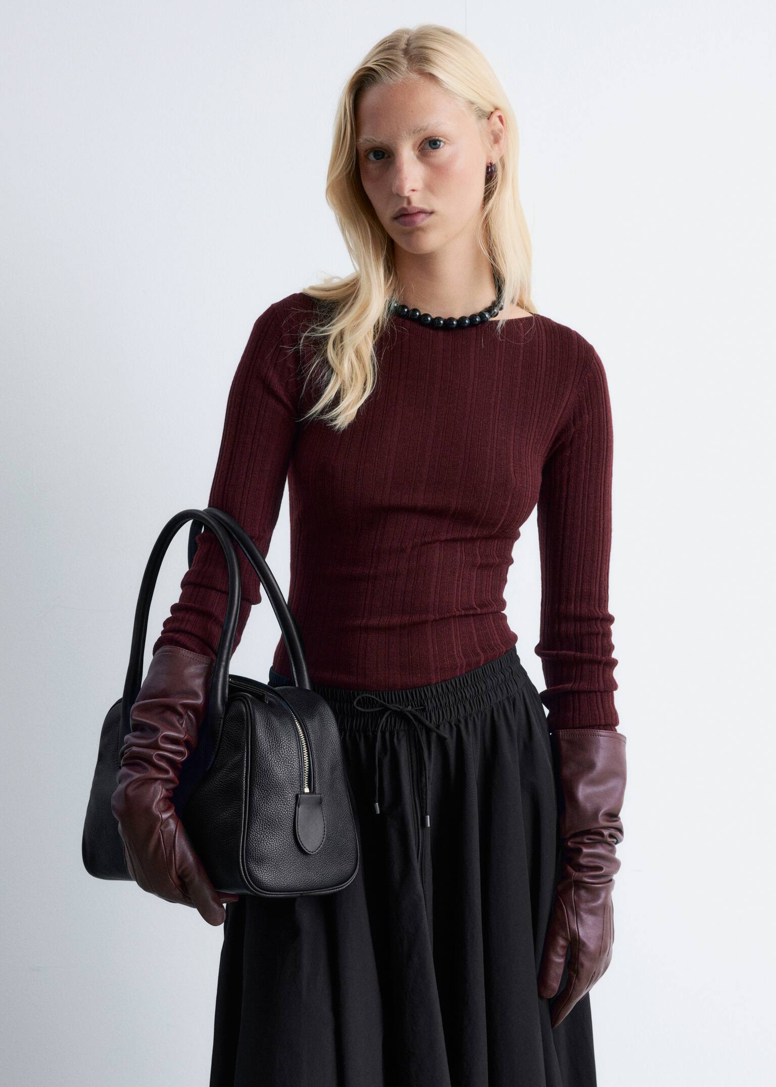 Long Leather Gloves - Burgundy/Greige/Light Blue