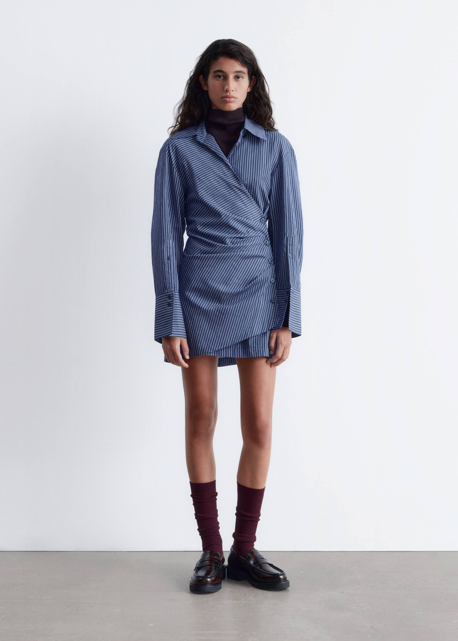 Wrap Shirt Mini Dress - Blue Stripes/Dark Red/Pink Stripes/Light Blue/Brown Stripes