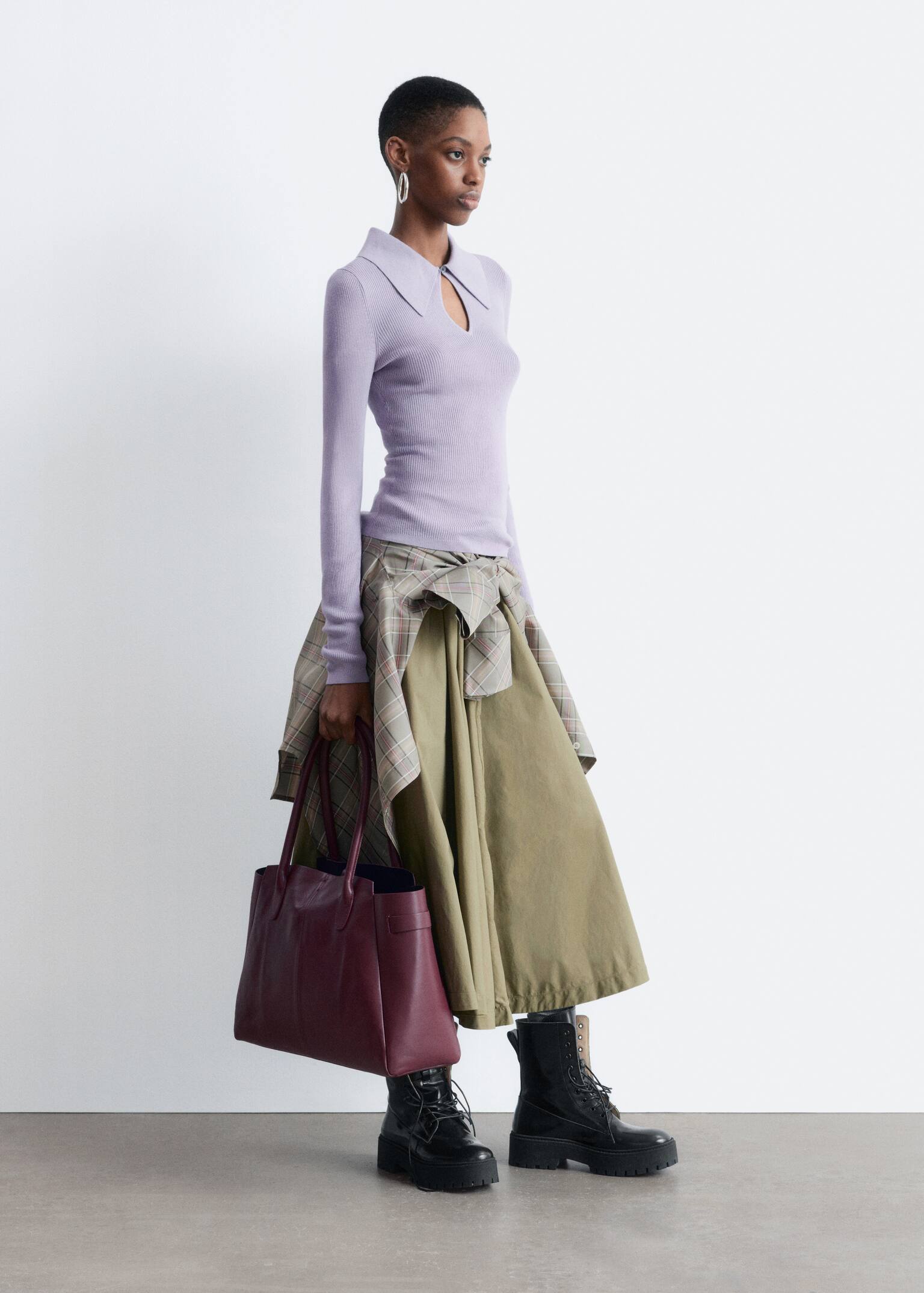 Keyhole Collar Top - Light Purple/Grey/Brown/Dark Red/Pink/Brown - 3