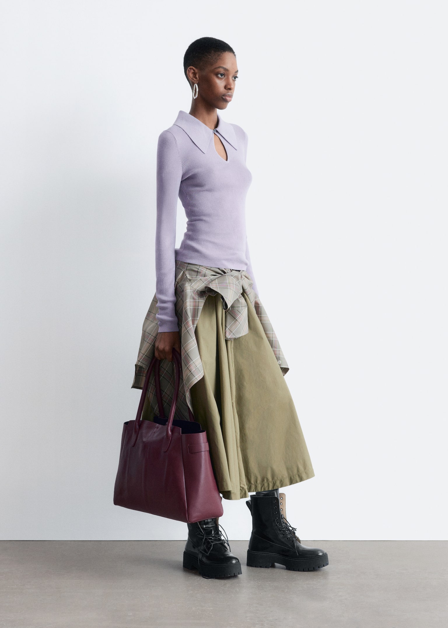 Keyhole Collar Top - Light Purple/Grey/Brown/Dark Red/Pink - 5