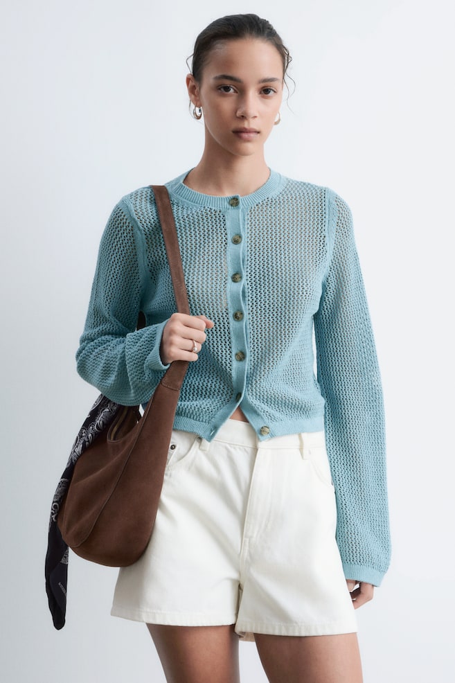 Cardigan in cotone traforato - Turchese/Bianco sporco - 1