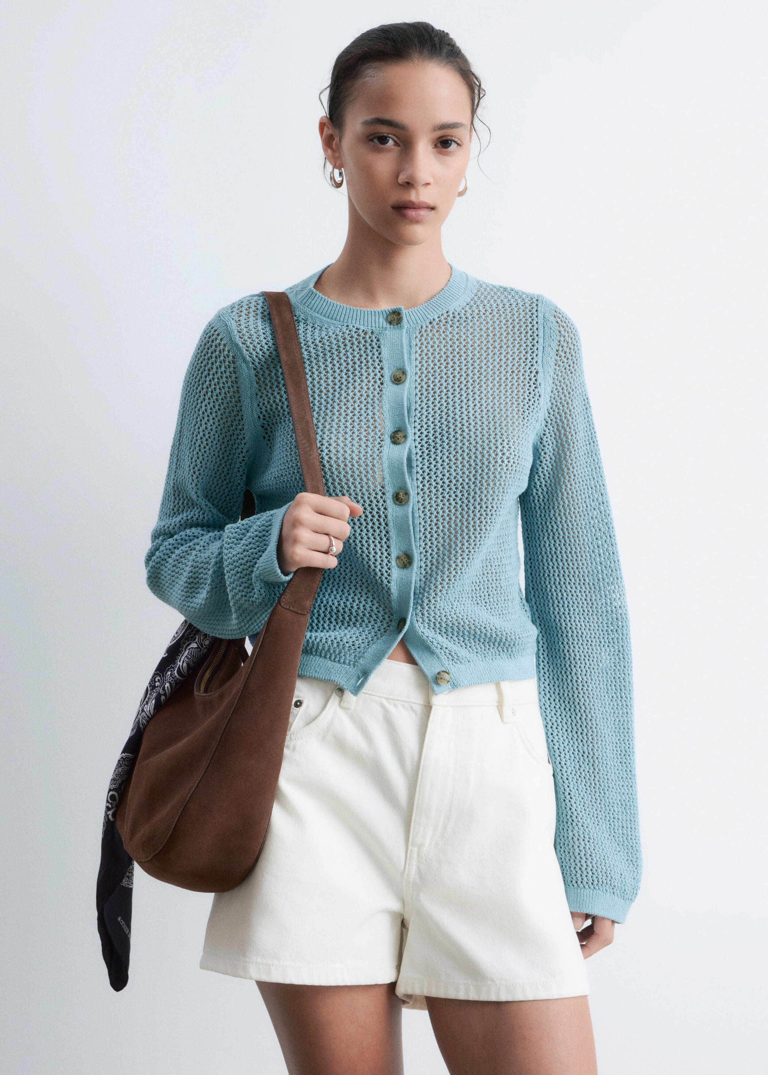 Open-Knit Cotton Cardigan - Turquoise - Lookbook