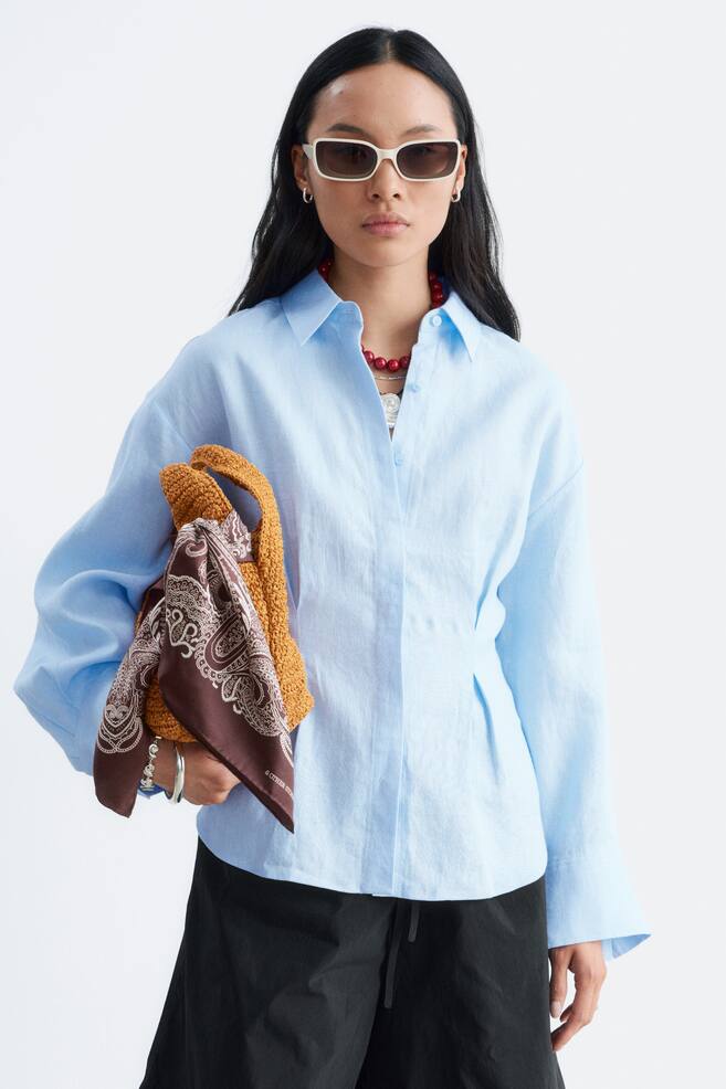 Pleated-Waist Linen Shirt - Light Blue/Dark Brown/Light Beige - 1