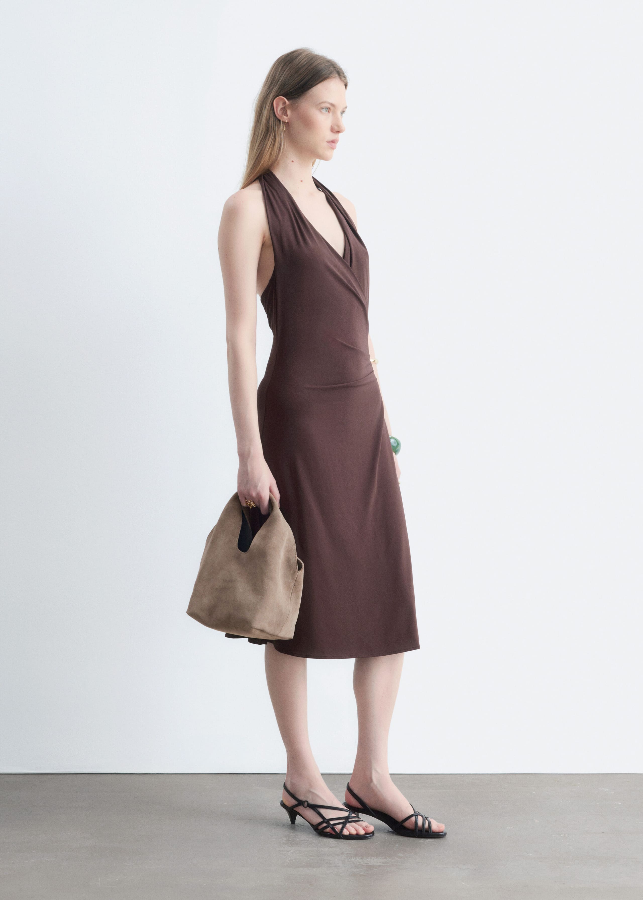 Halterneck Jersey Midi Dress - Dark Brown - Lookbook