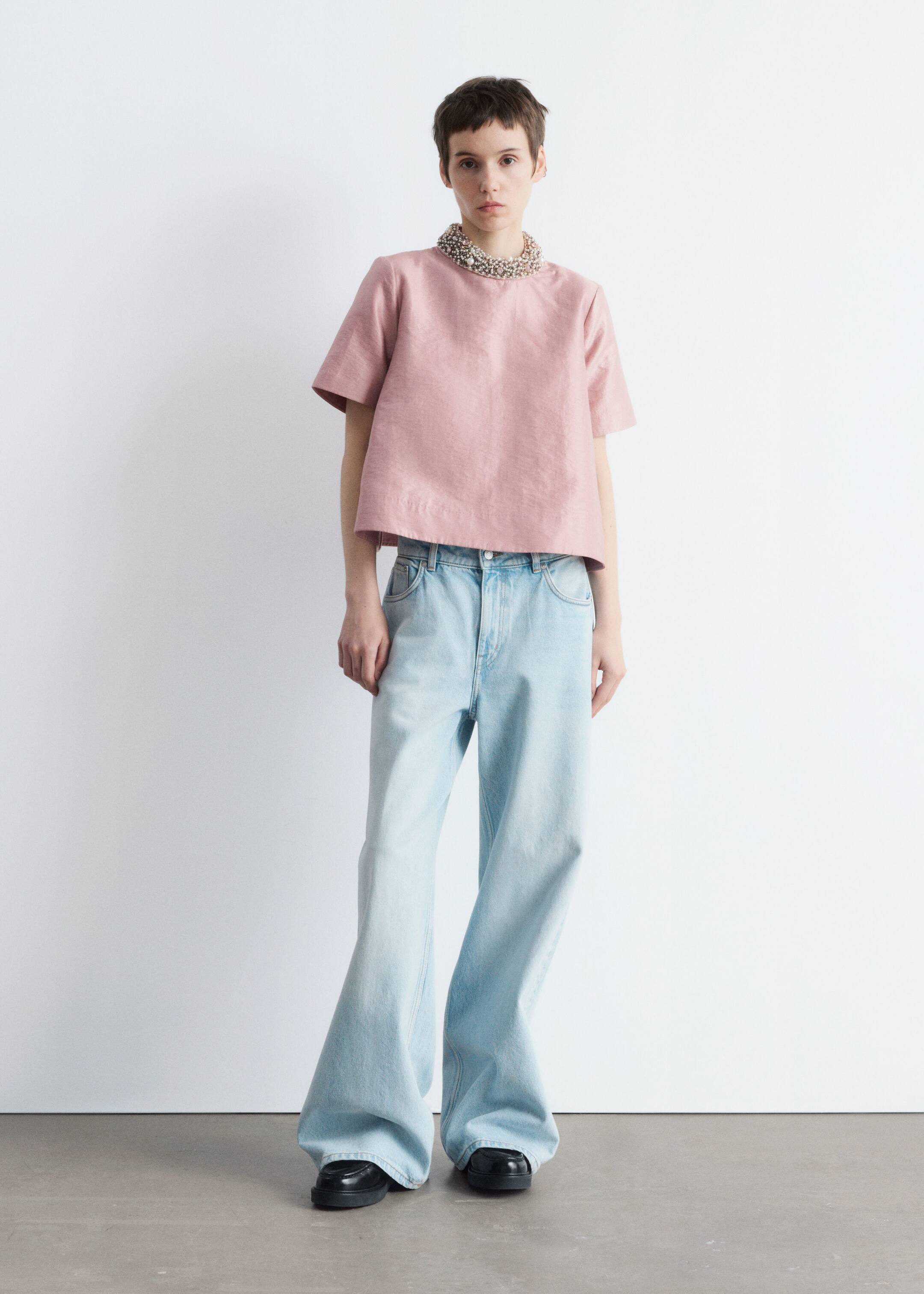 Agrandir l'image: Blouse à manches courtes brodée de perles - Rose poudré - FEMME | H&M BE 2