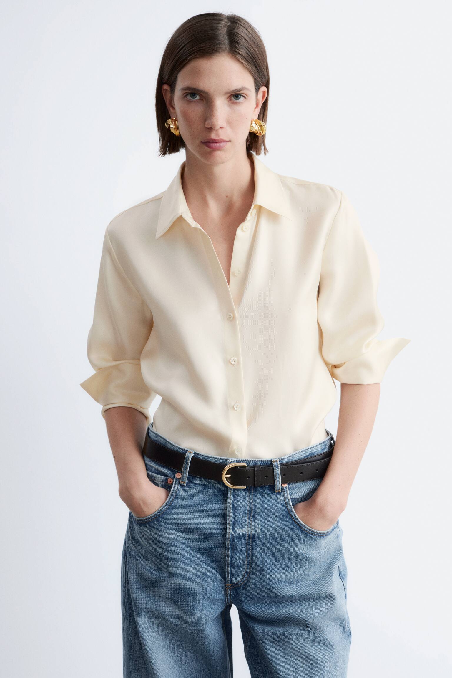 Ruimvallend zijden overhemd - Crème/Donkerblauw - 1