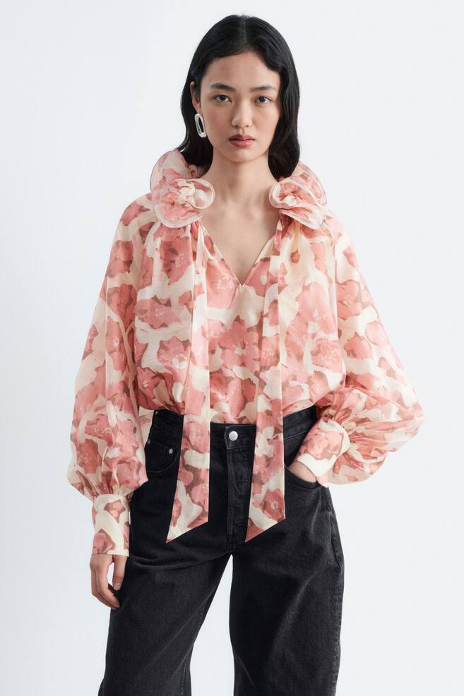 Ruffle Neck Voluminous Blouse - Pink/Florals/White - 1
