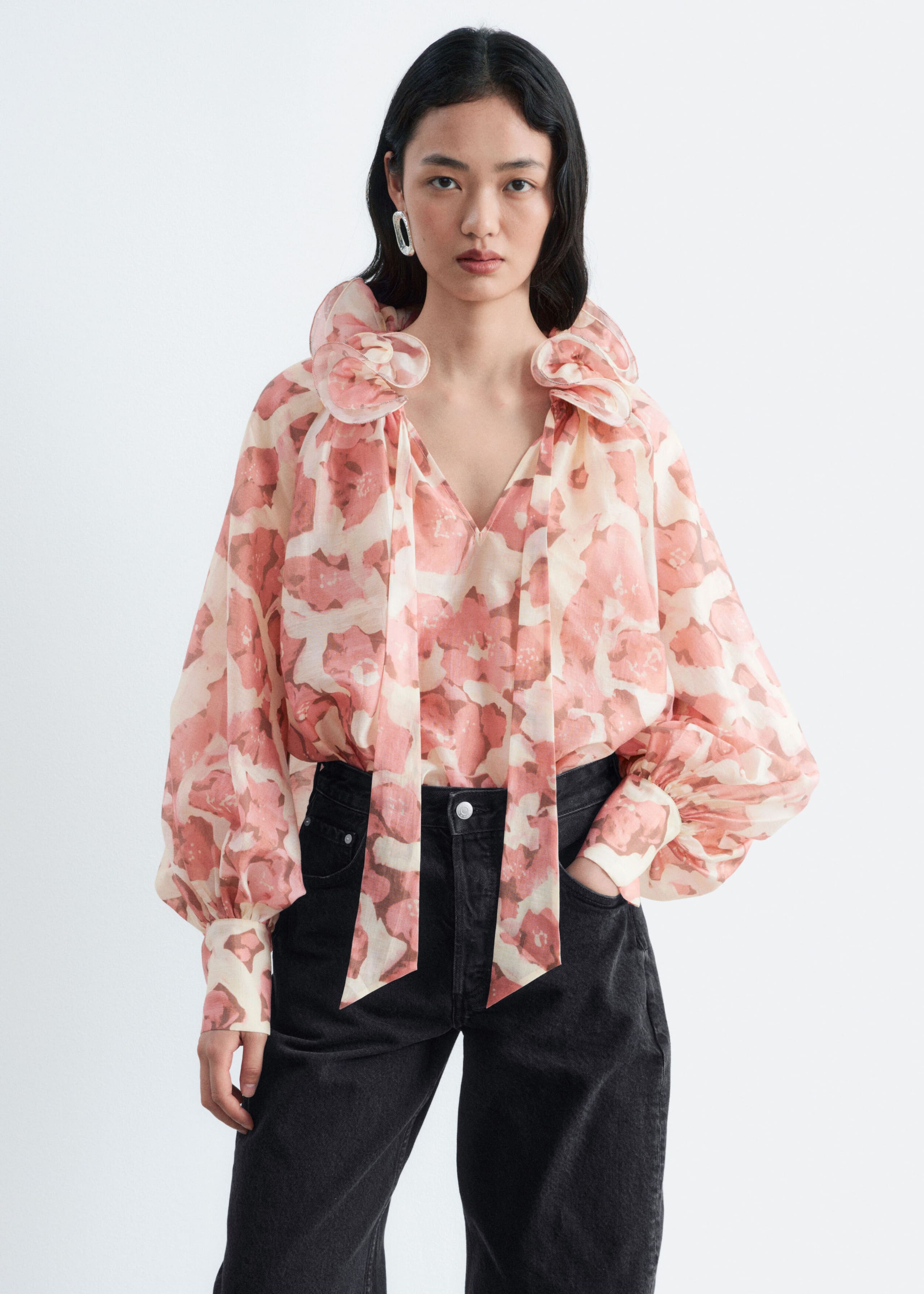 Ruffle Neck Voluminous Blouse - Pink/Florals - Lookbook