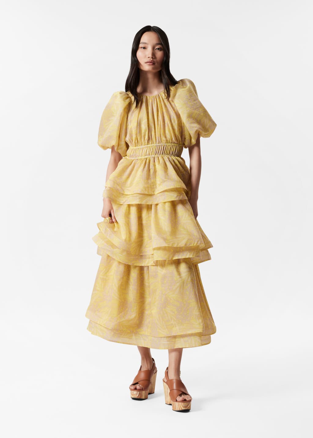 Tiered Puff-Sleeve Maxi Dress - Yellow jacquard - Lookbook