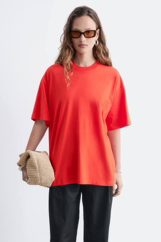 Oversized Cotton T-Shirt - Bright Red/White - 1