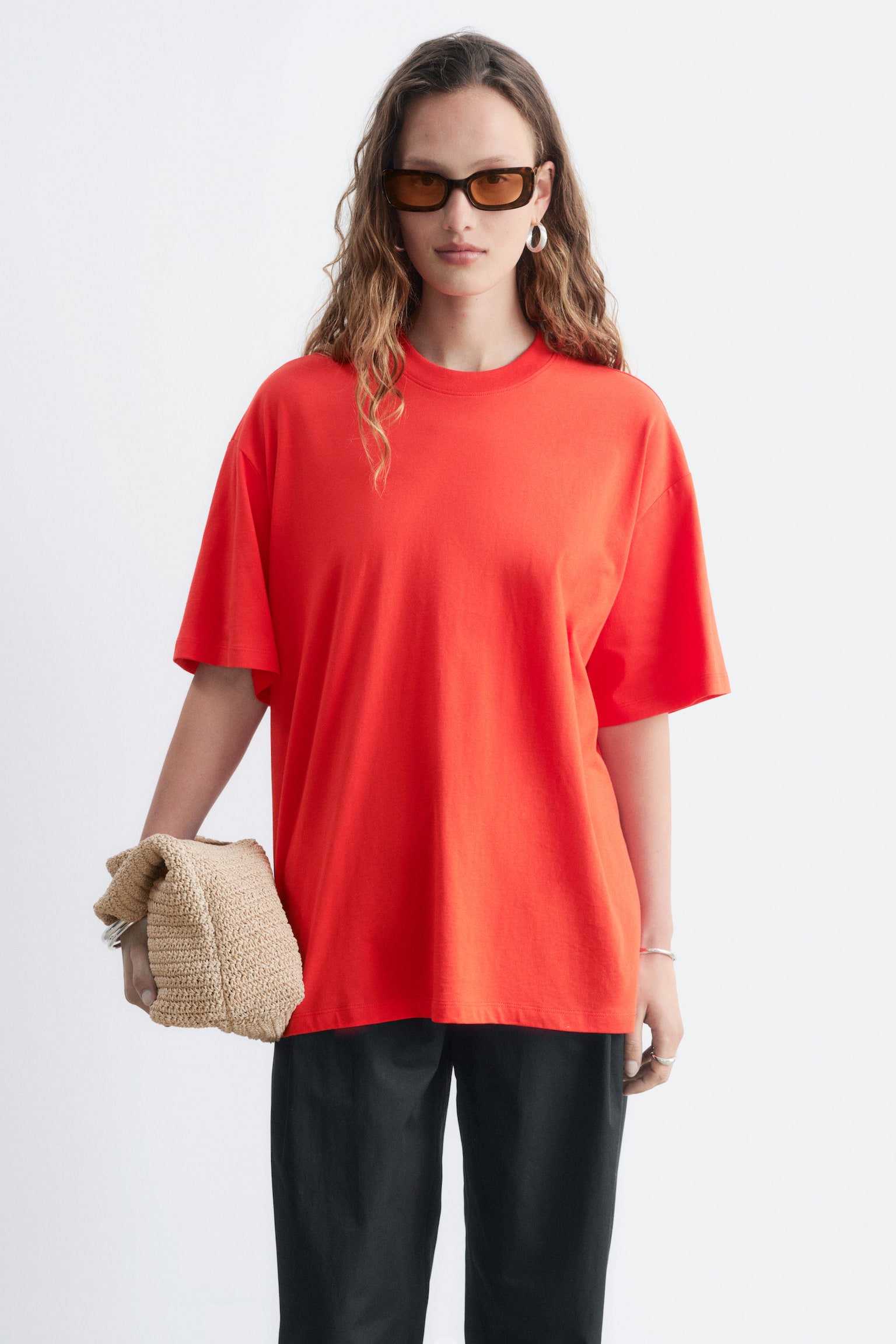 Oversized T-shirt i bomuld - Bright Red/Hvid/Grey Melange - 1