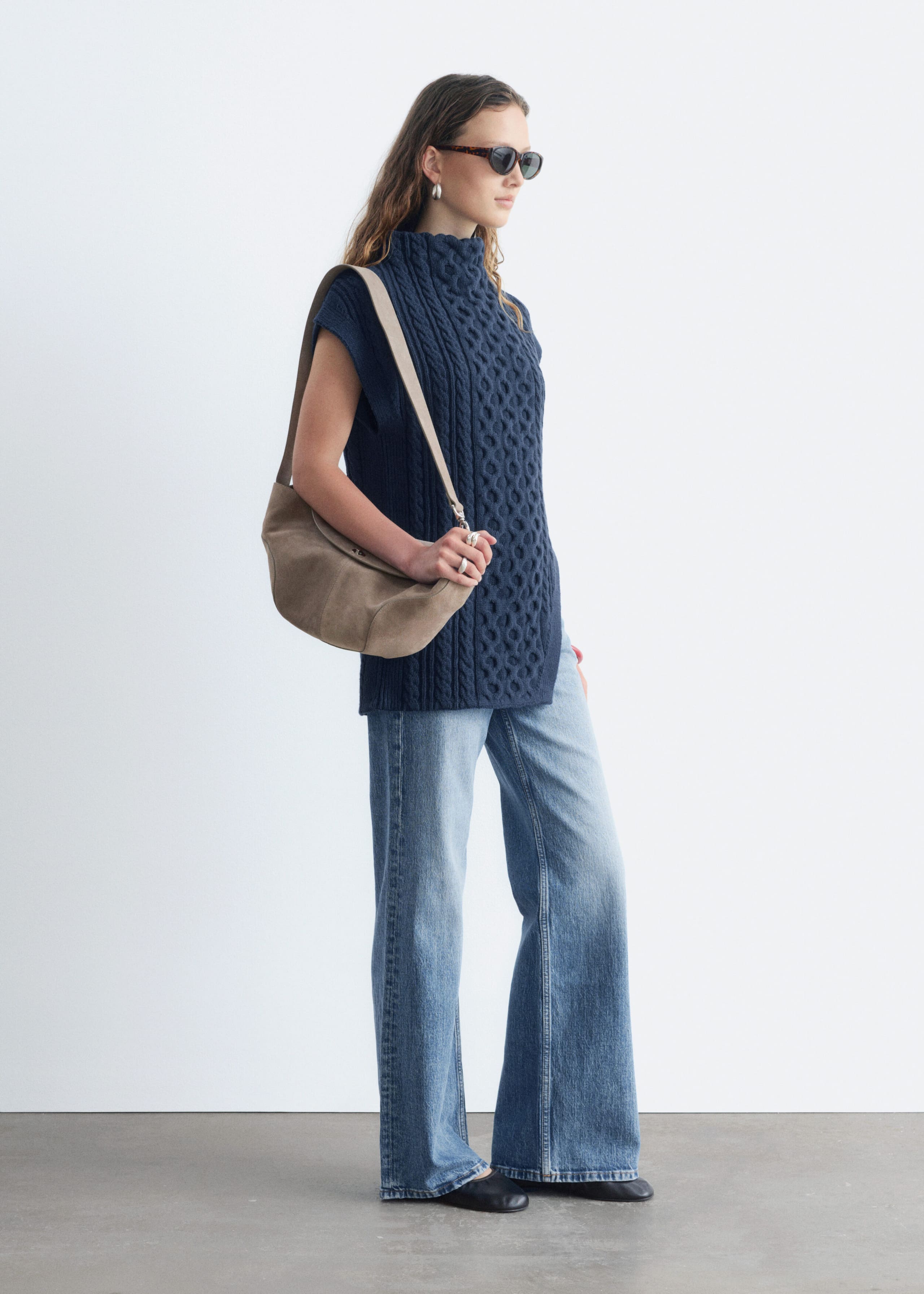 Cable-Knit Mock Neck Vest - Dark Blue - Lookbook