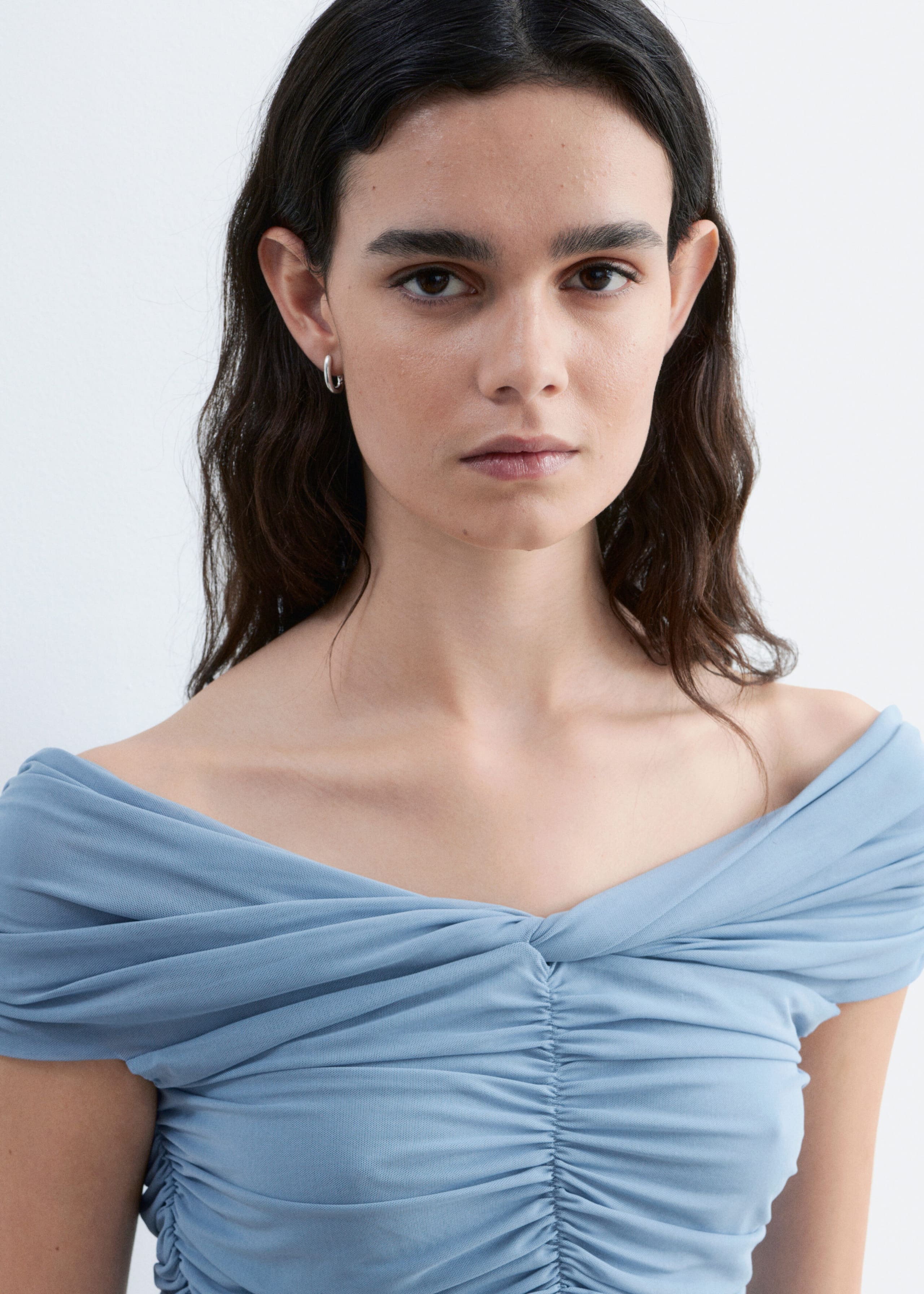 Ruched V-neck Mesh Top - Dusty Blue - Lookbook