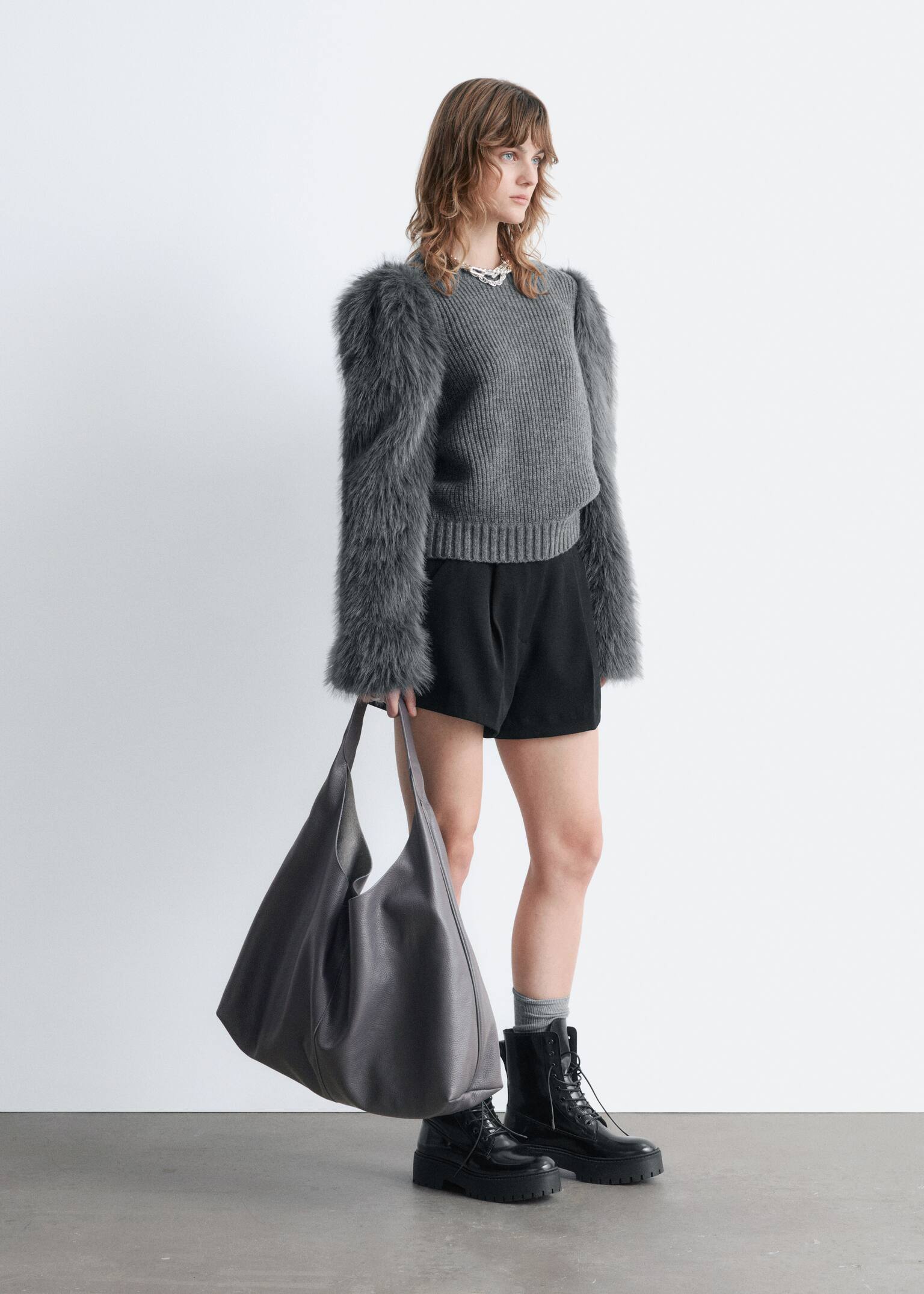 Faux Fur-Sleeve Wool Jumper - Dark Grey - 5