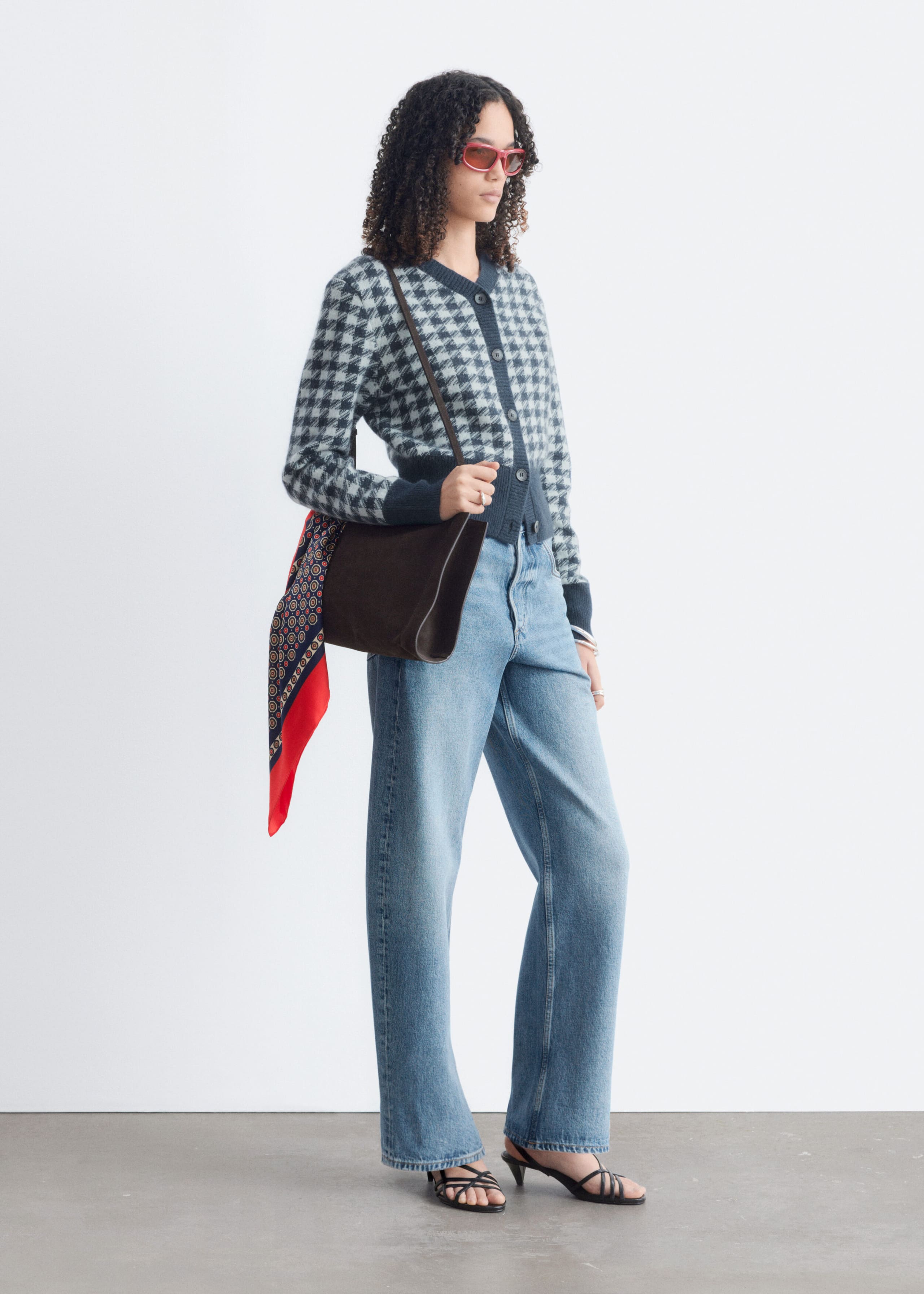 Mohair-Blend Jacquard Cardigan - Turquoise/Navy Houndstooth - Still Life
