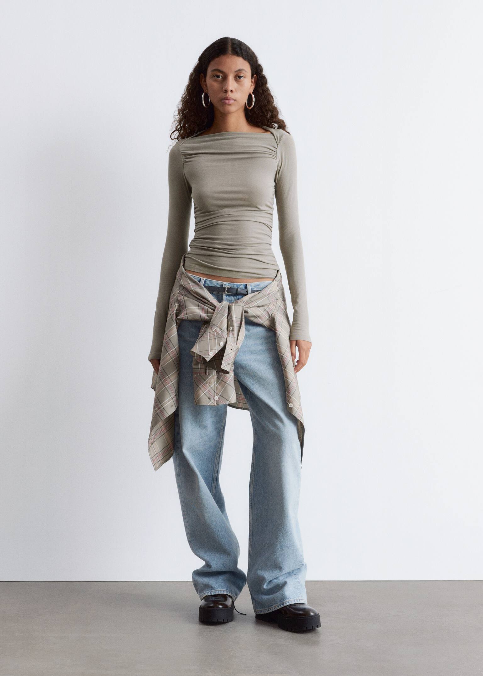 Ruched Boatneck Top - Beige/White - 5