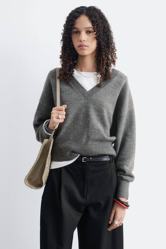 Wool-Cotton V-Neck Jumper - Grey/Dark Red/Pink/Black - 1