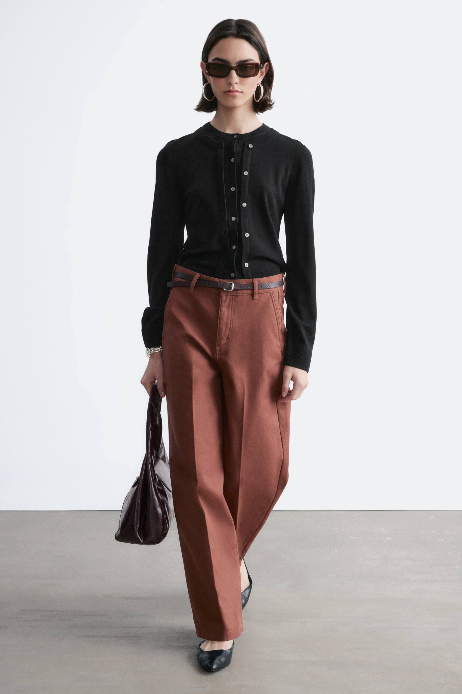 Pantaloni largi din bumbac - Maro Ruginiu/Off-White - 3