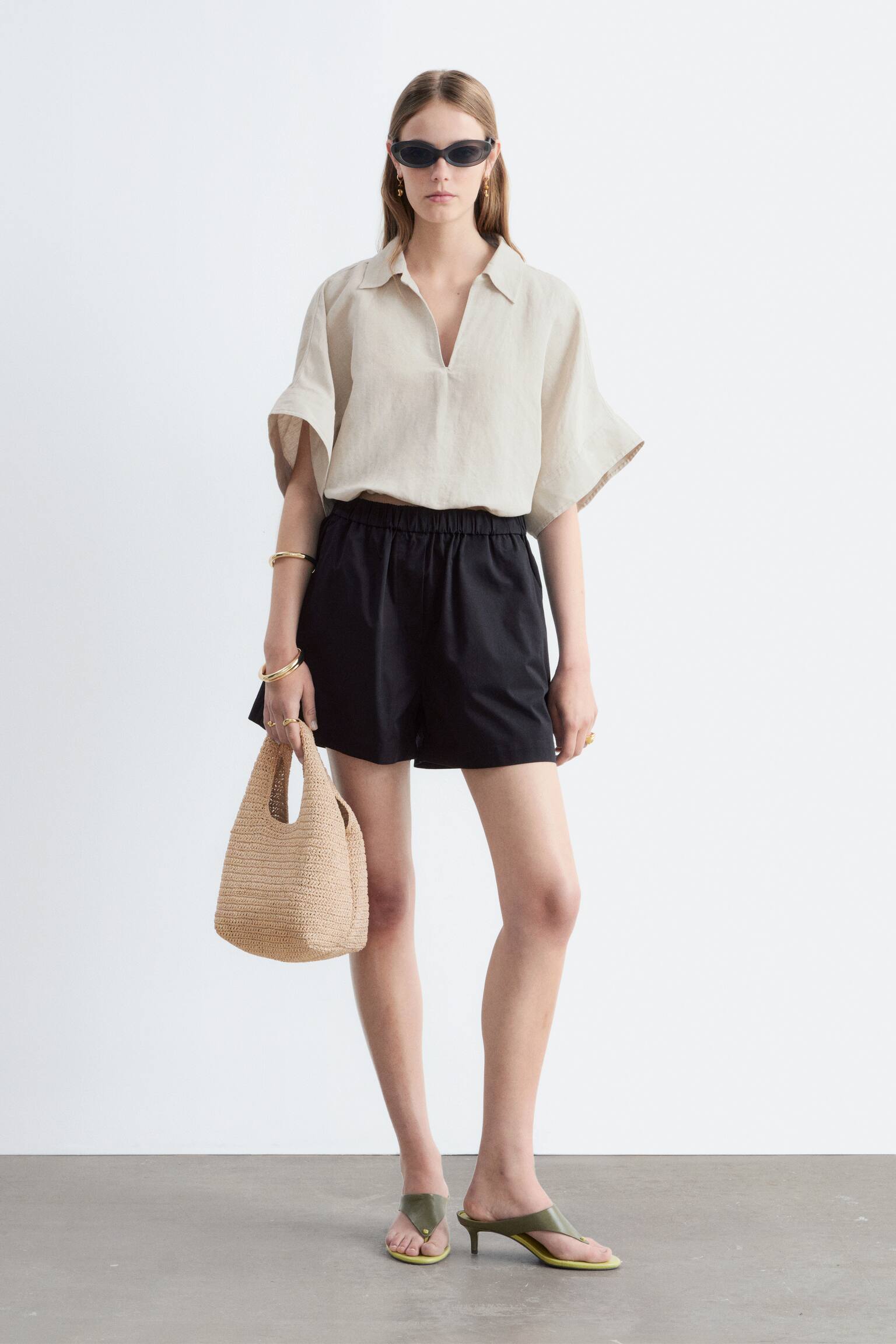 Shorts in cotone a vita alta - Nero/Beige/Righe/Bianco - 1