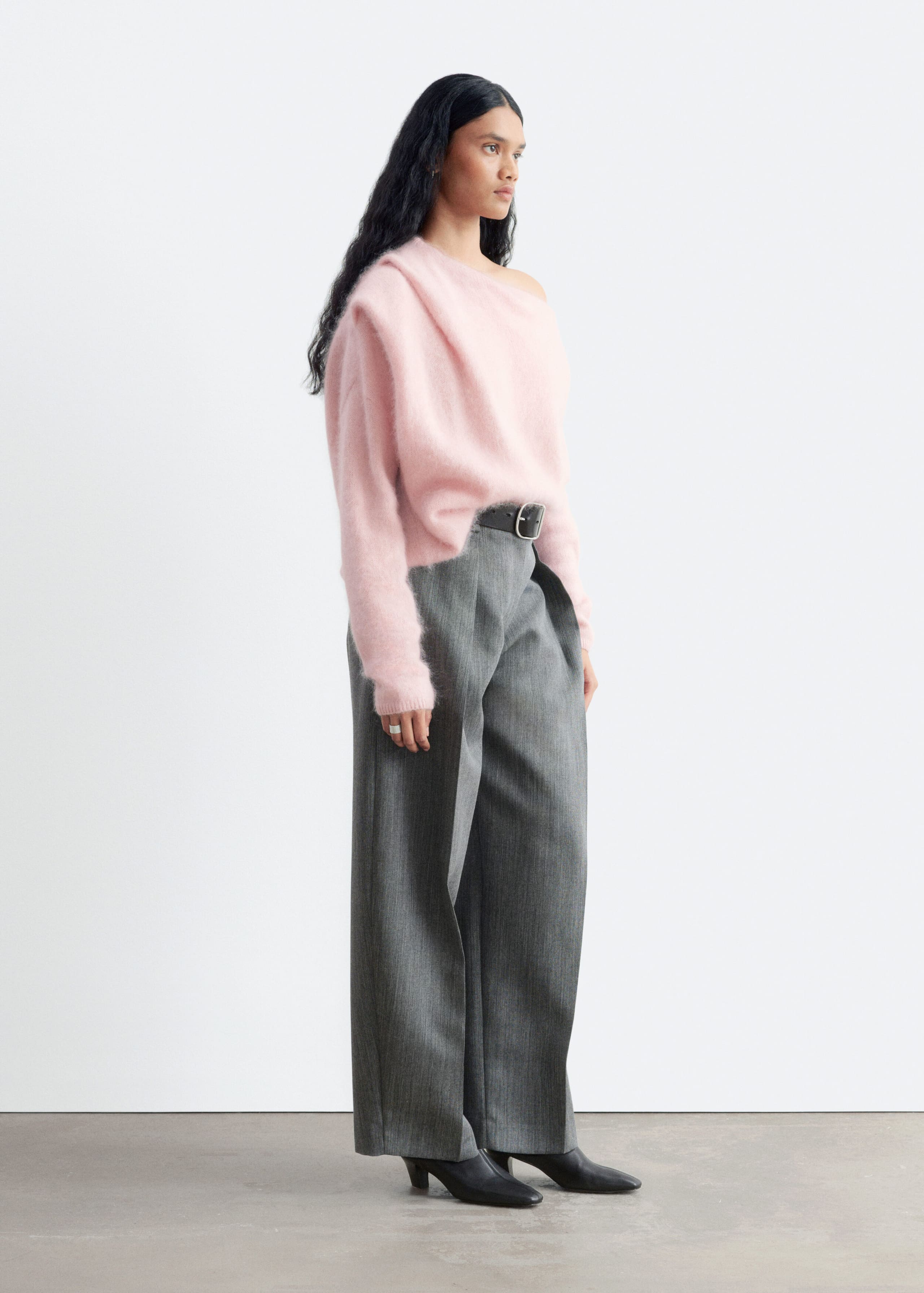 Draped-Neck Merino Wool Jumper - Pink - Lookbook