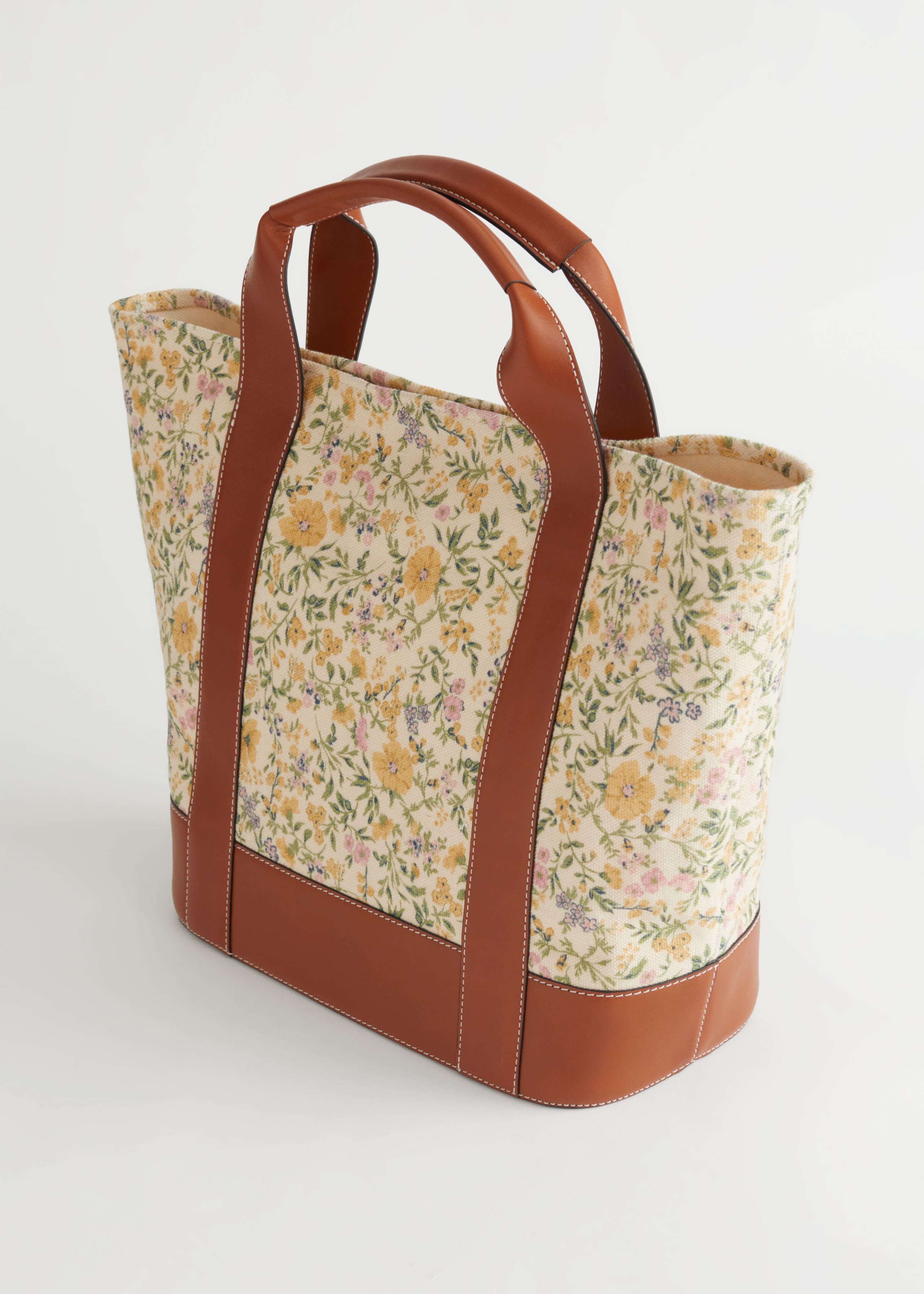 Canvas Leather Tote Bag - Floral Print - Still Life