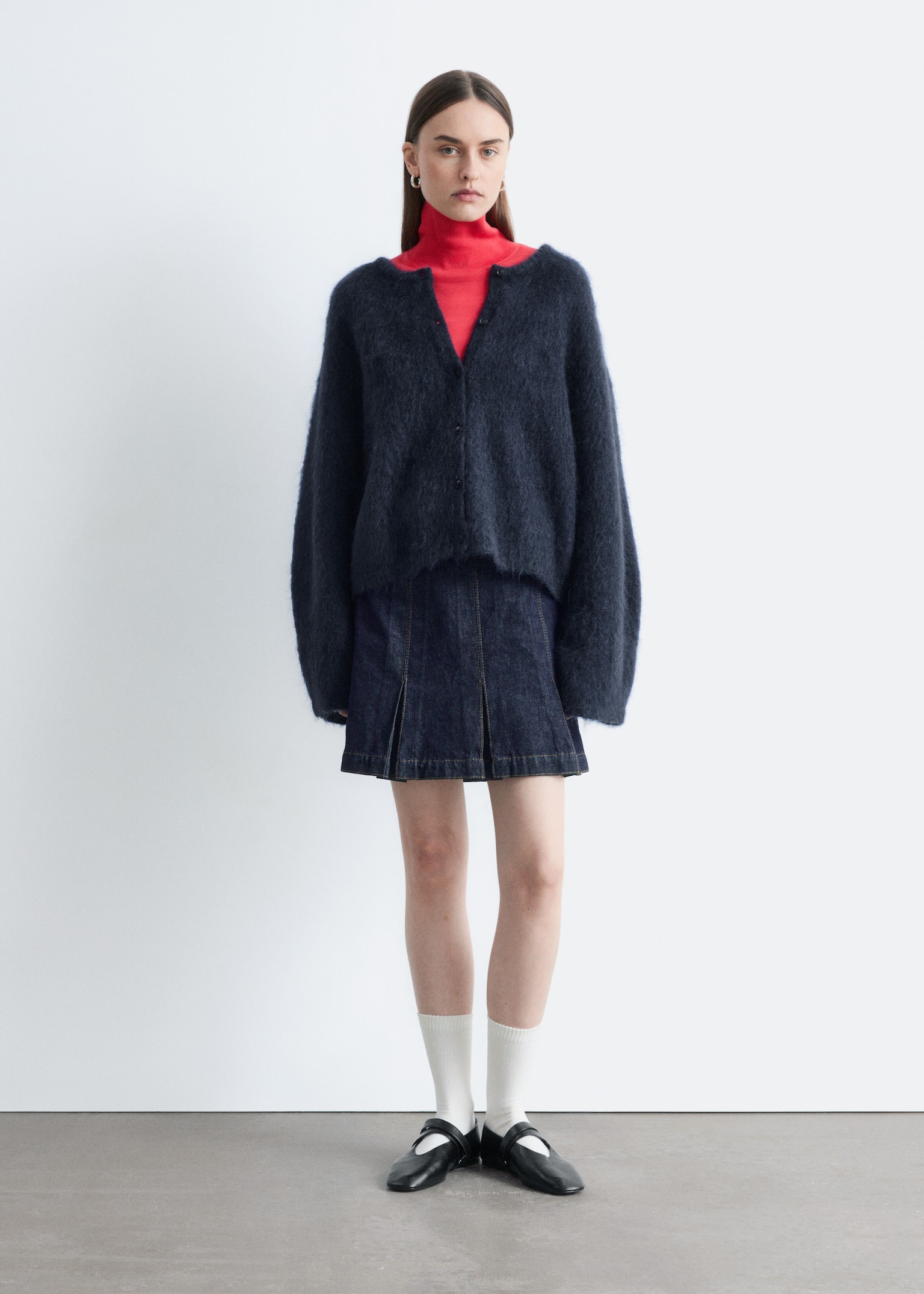 Cardigan i børstet mohairblend - Marineblå/Knaldrød/Lysegrå - 1