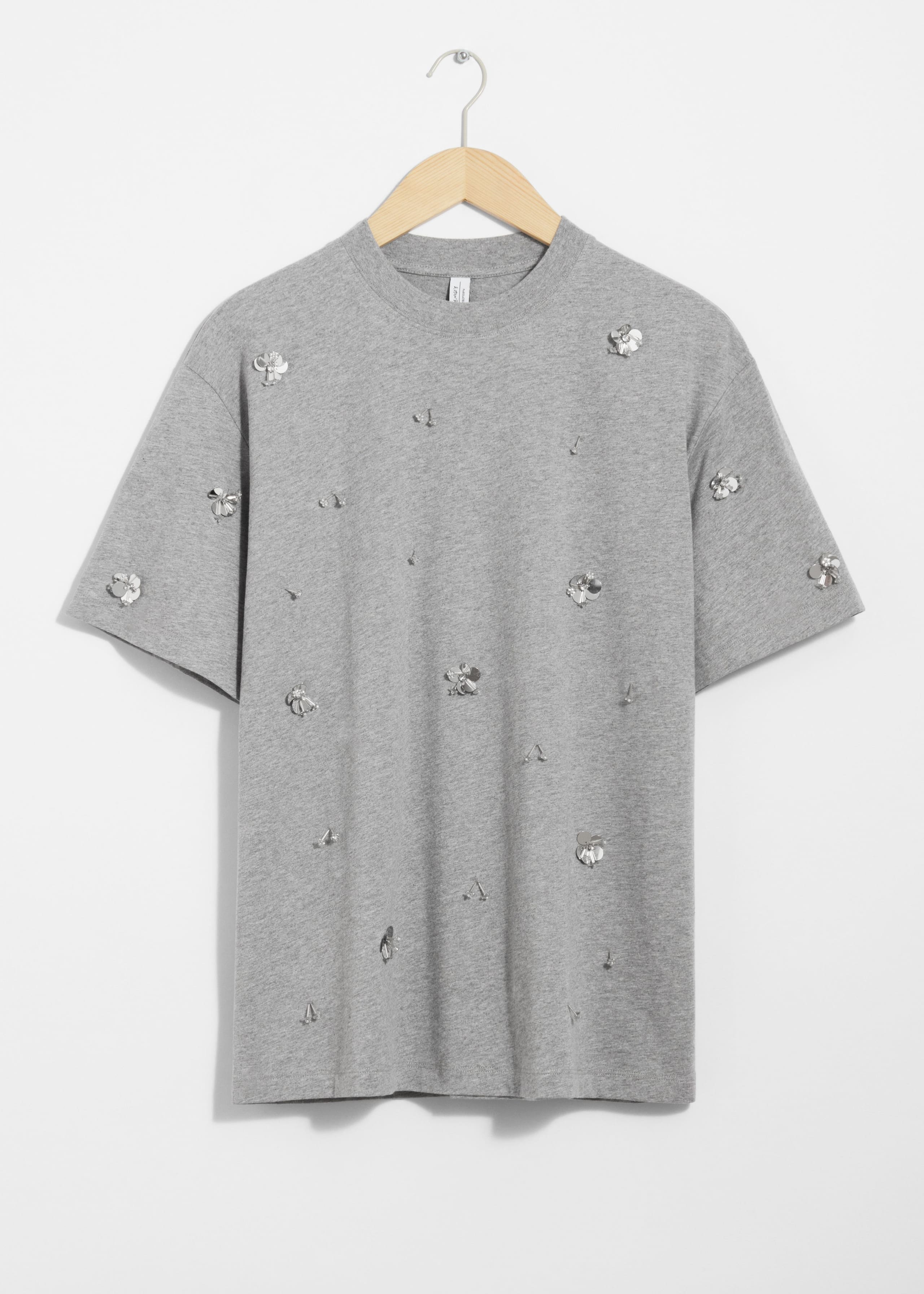 T-Shirt mit Blumenapplikation - Grau meliert - Stillleben