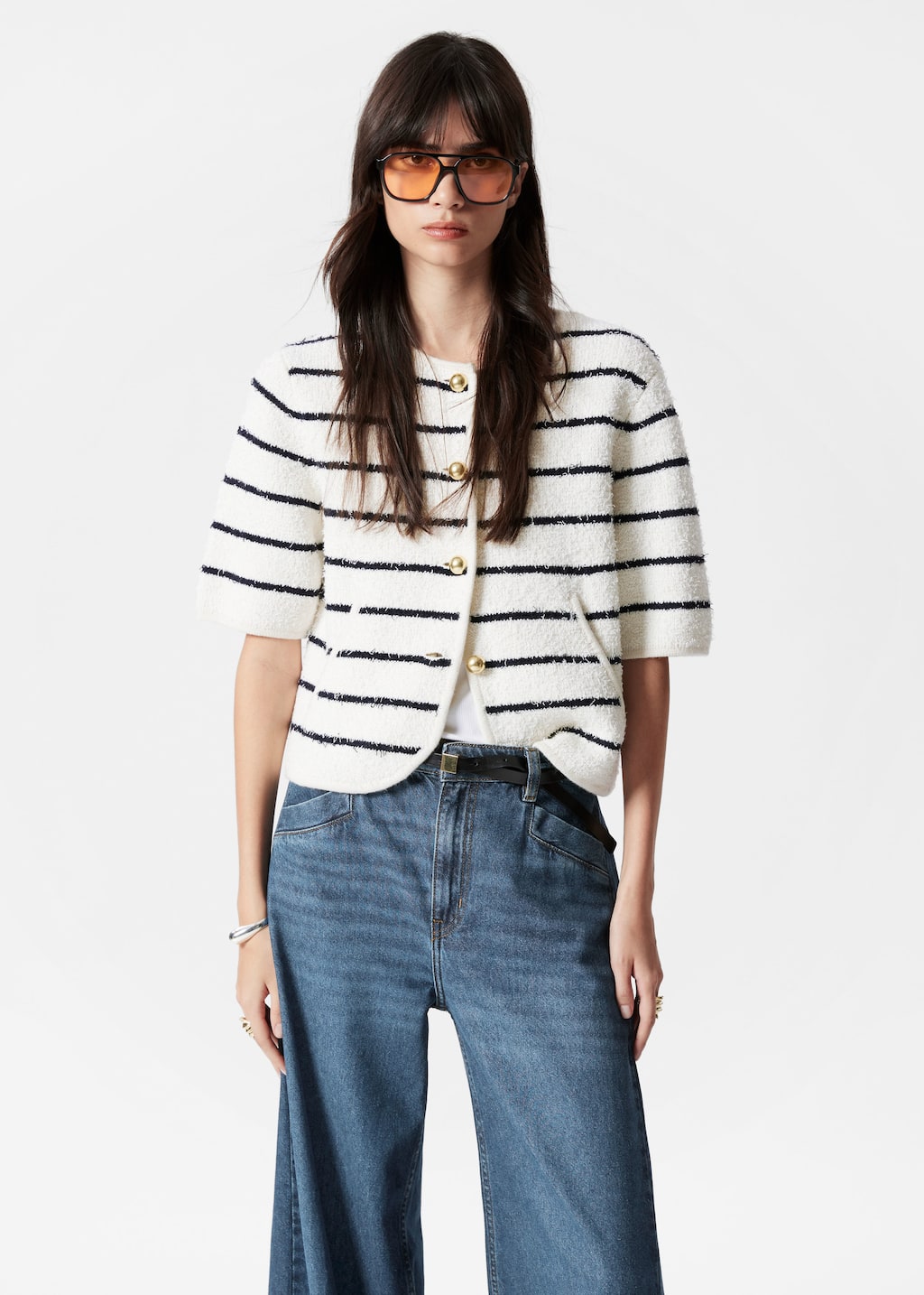 Texturstickad cardigan med kort ärm – Svart – lookbook