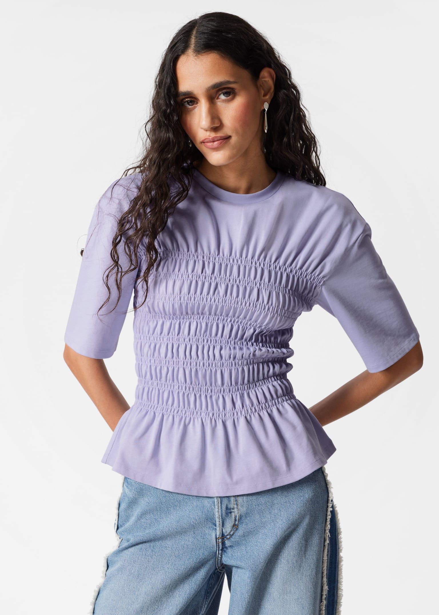 Maglia girocollo con lavorazione smock - Lavanda/Bianco/Blu