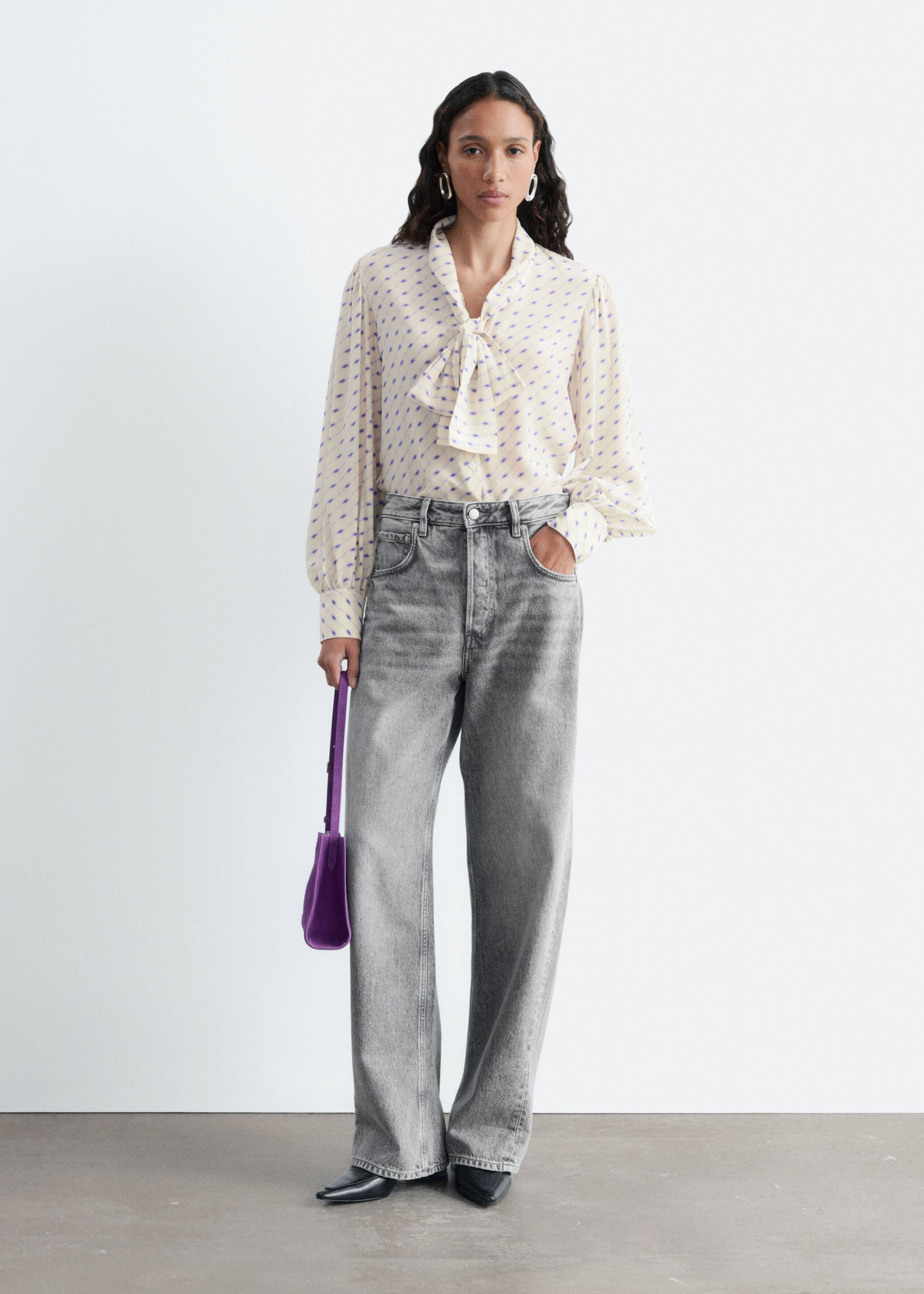 Printed Silk Scarf Blouse - Beige/Blue Print - Lookbook