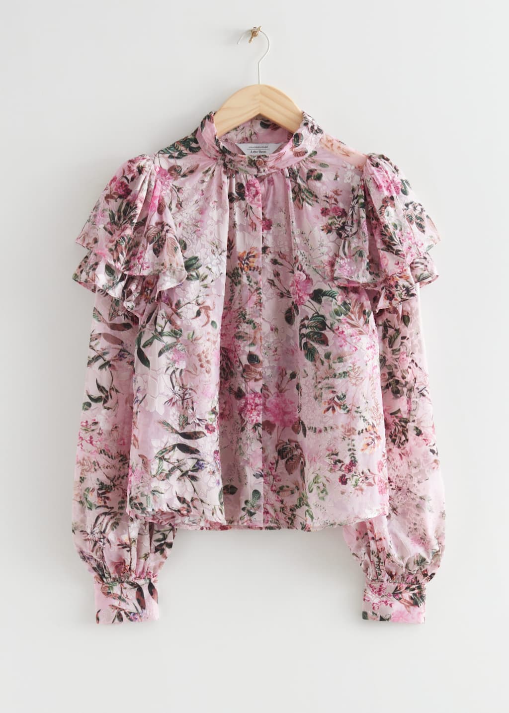 Gathered Mock Neck Frilled Blouse - Floral Pink - Still Life