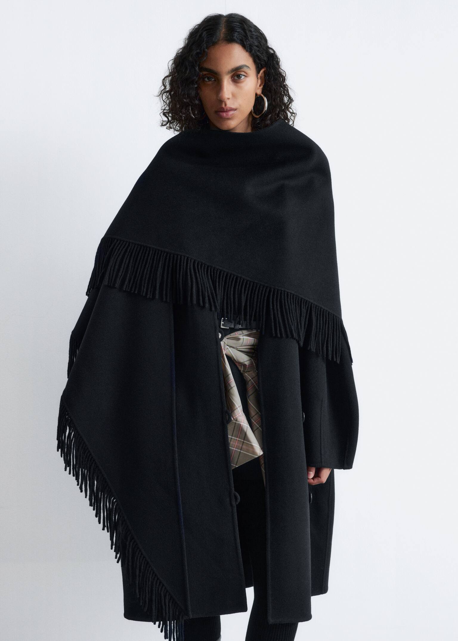 Fringed Shawl Wool Coat - Black - 4