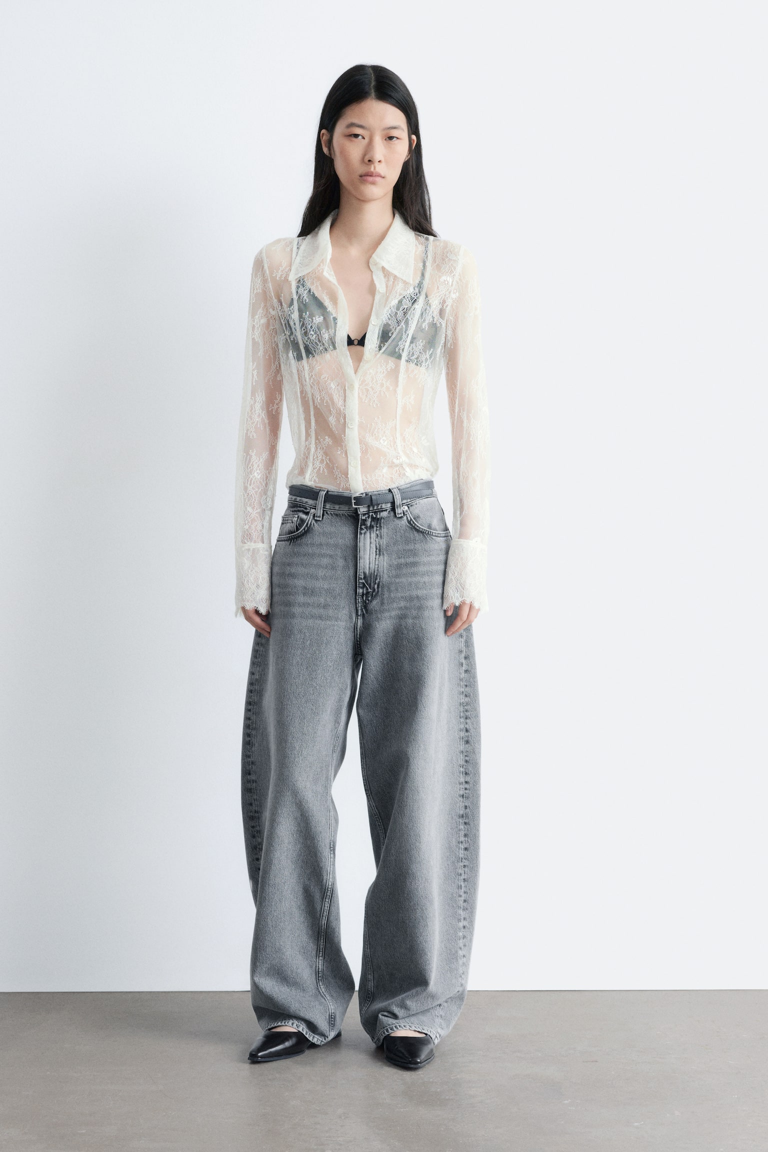 Camisa de encaje de corte cónico - Crema - 3