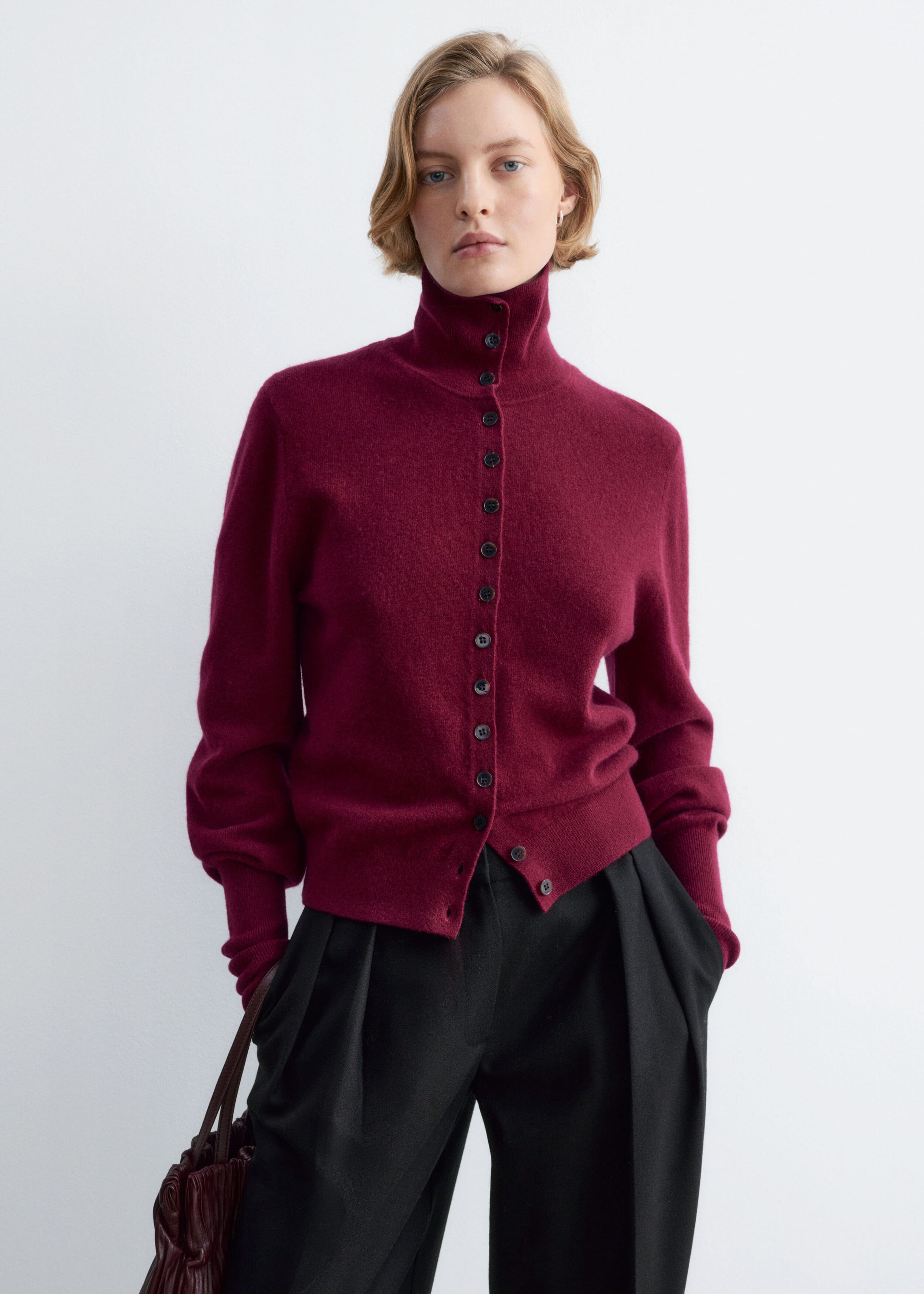 High-Neck Wool Cardigan Burgundy