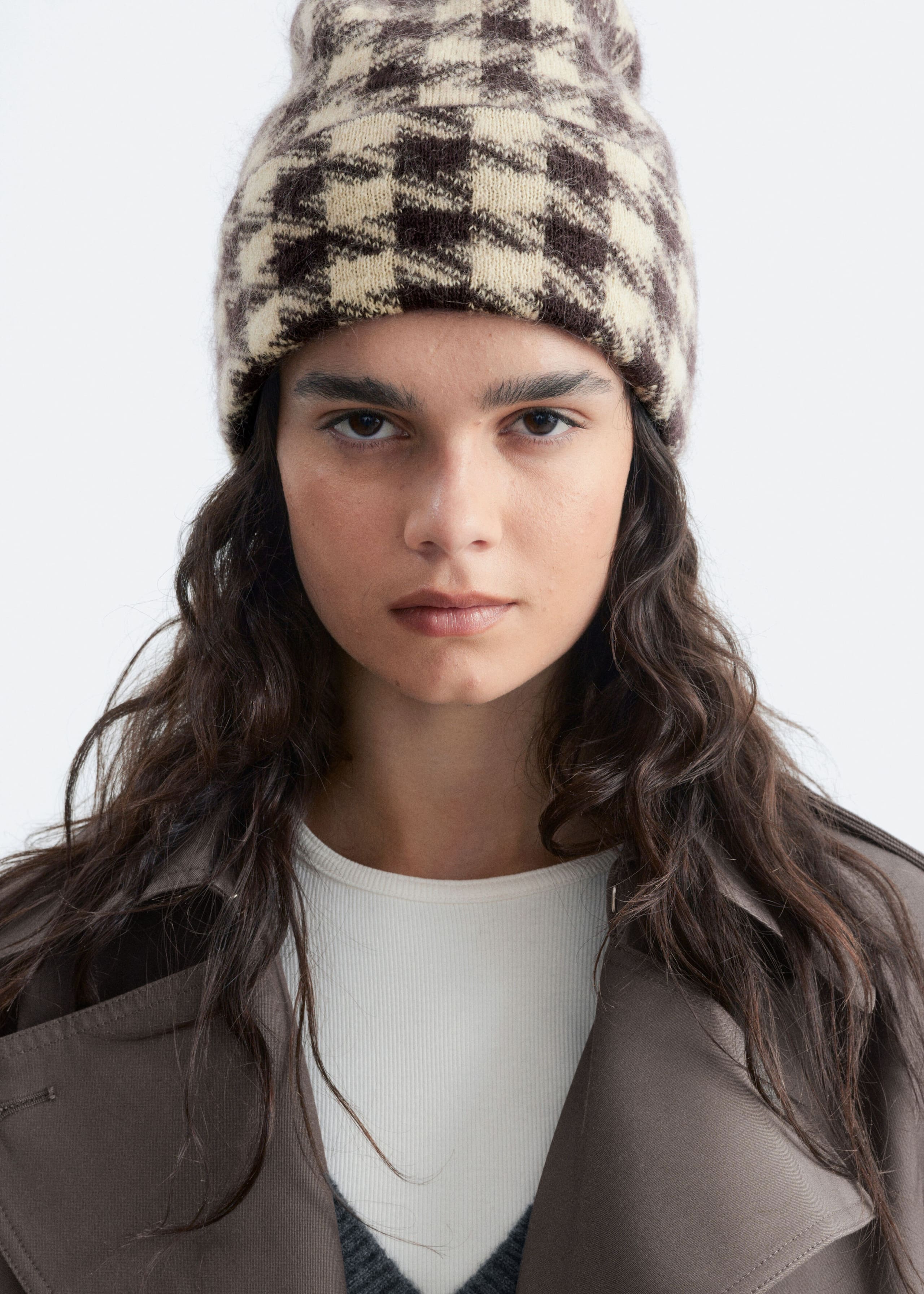 Mohair Blend Beanie - Beige/Houndstooth - Still Life