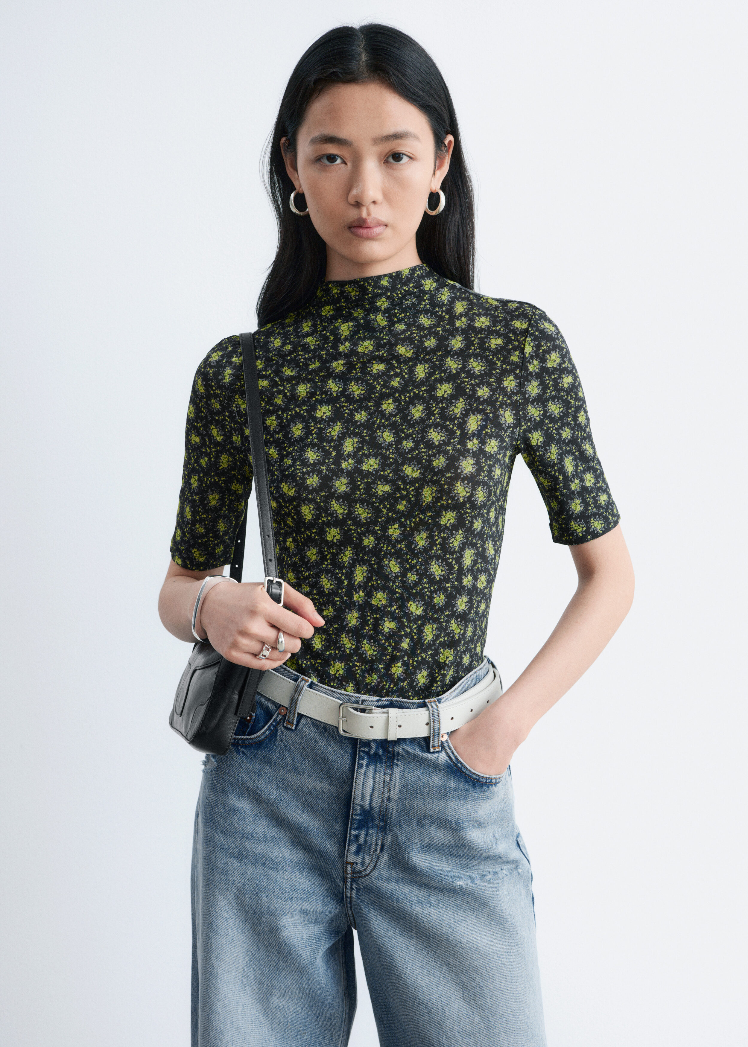 Short-Sleeve Mock-Neck Top - Black/Green Floral print - & Other