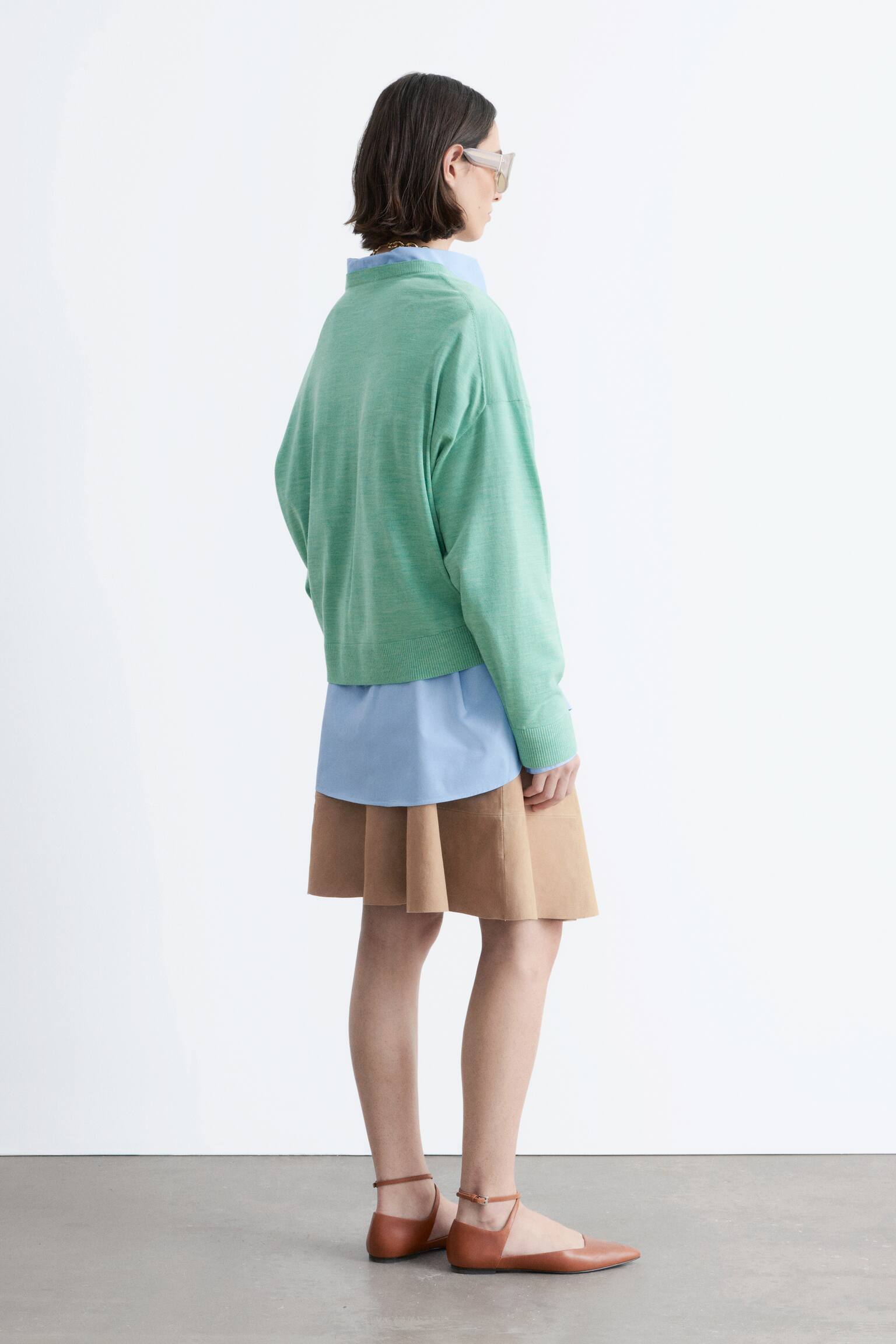 Camisola de lã merino com decote em V - Mescla turquesa claro/Verde caqui/Azul escuro - 5