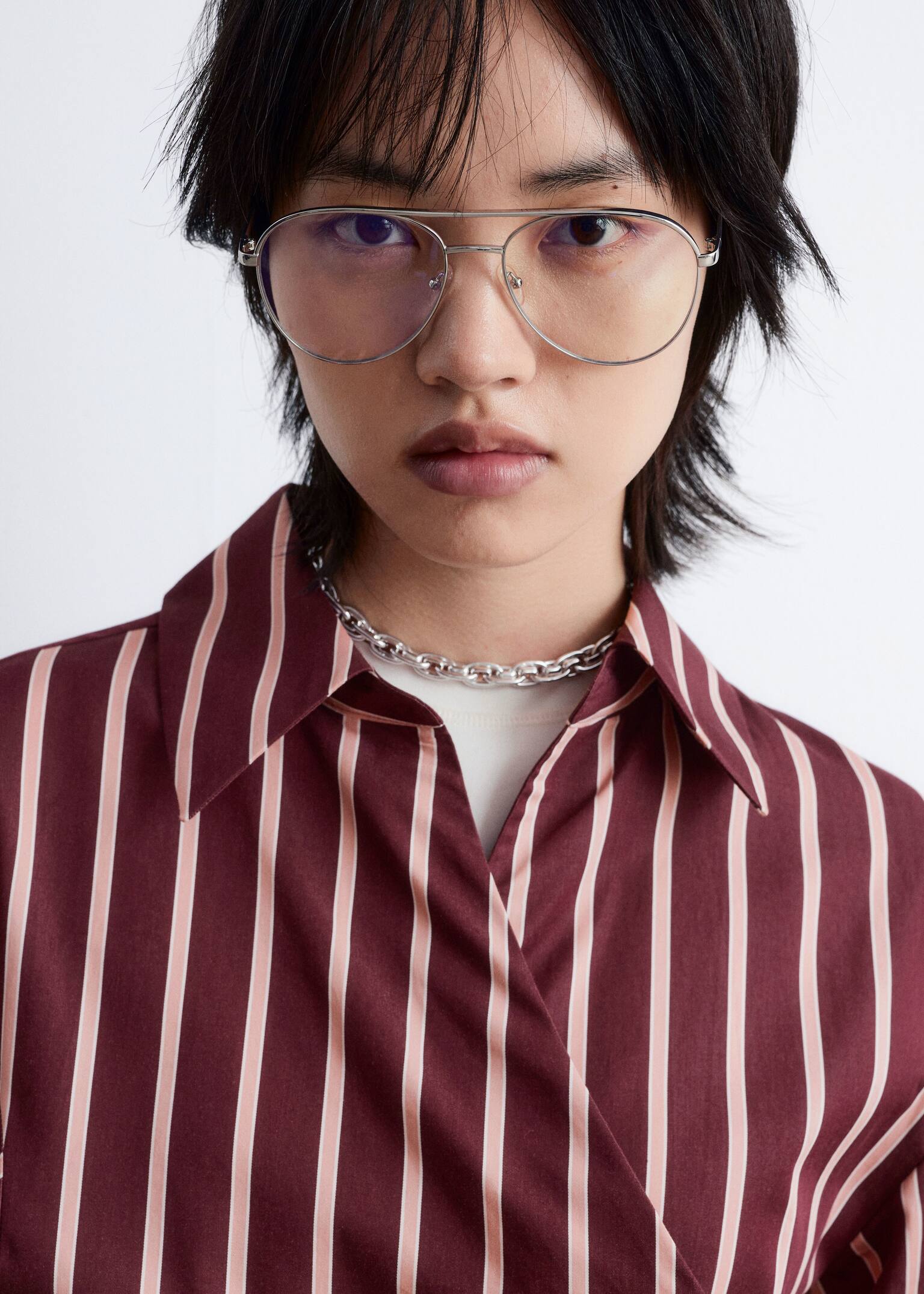 Kort slå om-skjortekjole - Mørkerød/lyserøde striber/Lyseblå/brune striber - 6