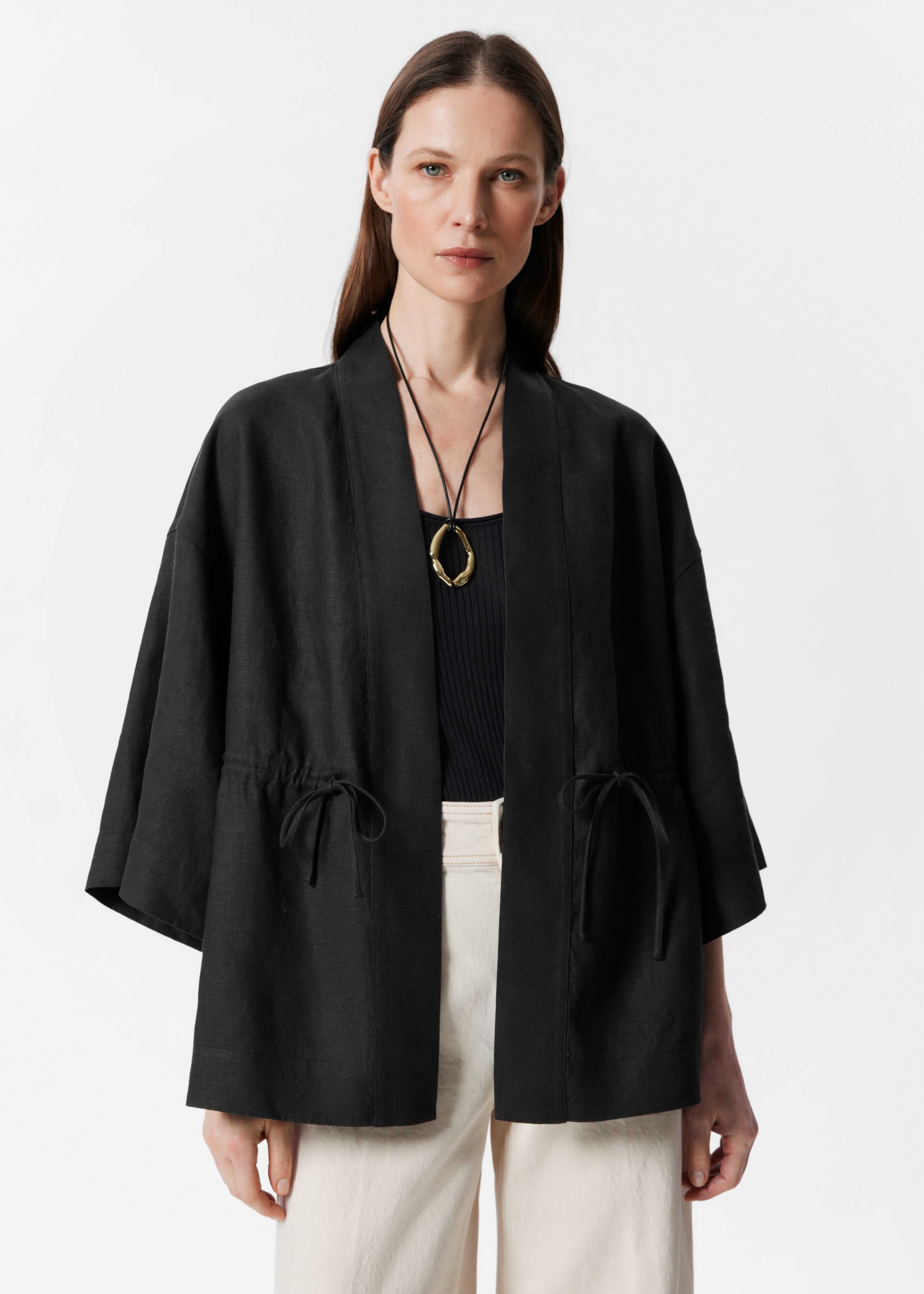 Lněné sako se šňůrkou - Černá/Khaki zelená