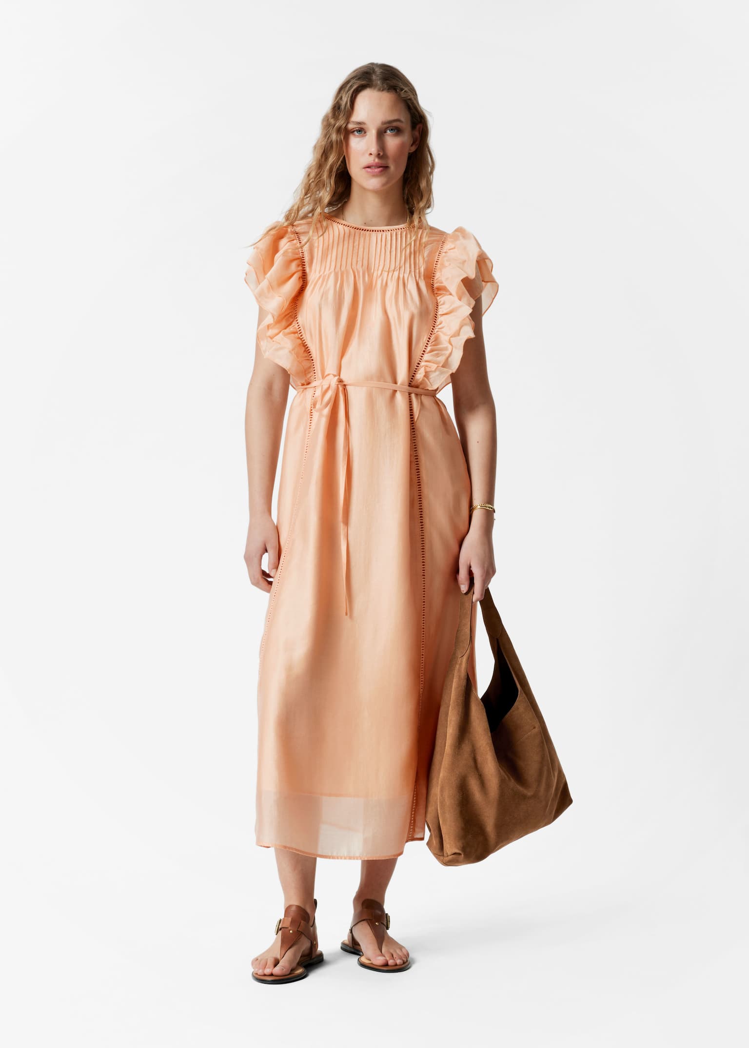 Robe midi volantée - Pêche/Motif fleuri bleu