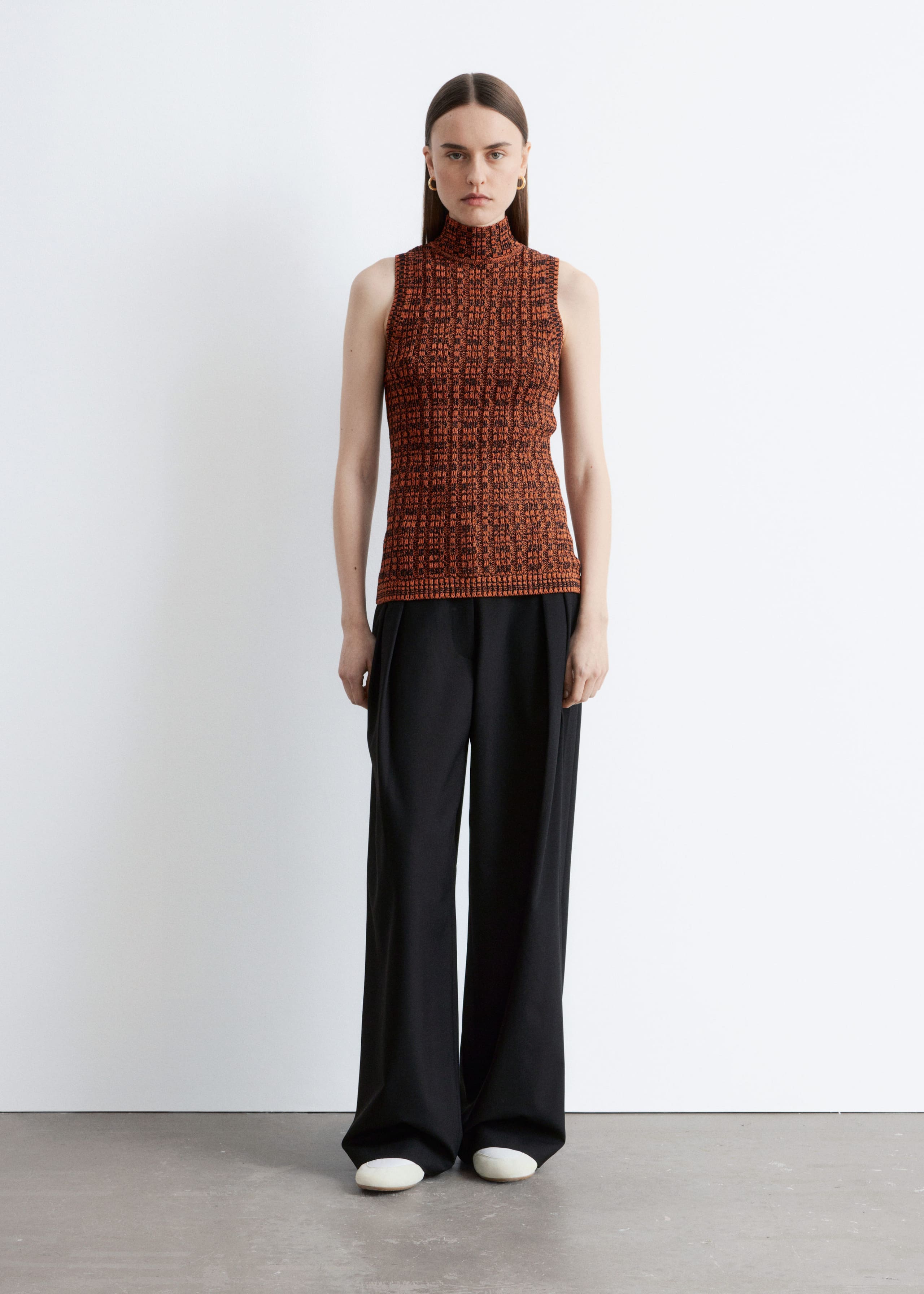 Knitted Sleeveless Turtleneck Top - Orange/Black - Lookbook
