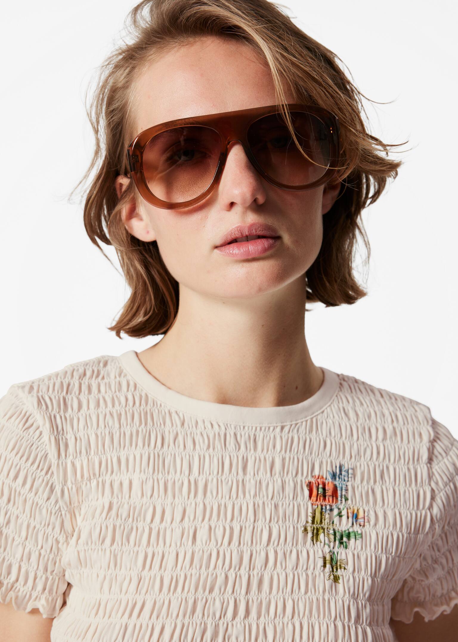 Camiseta fruncida con nido de abeja - Blanco/flor estampada/Naranja - 4