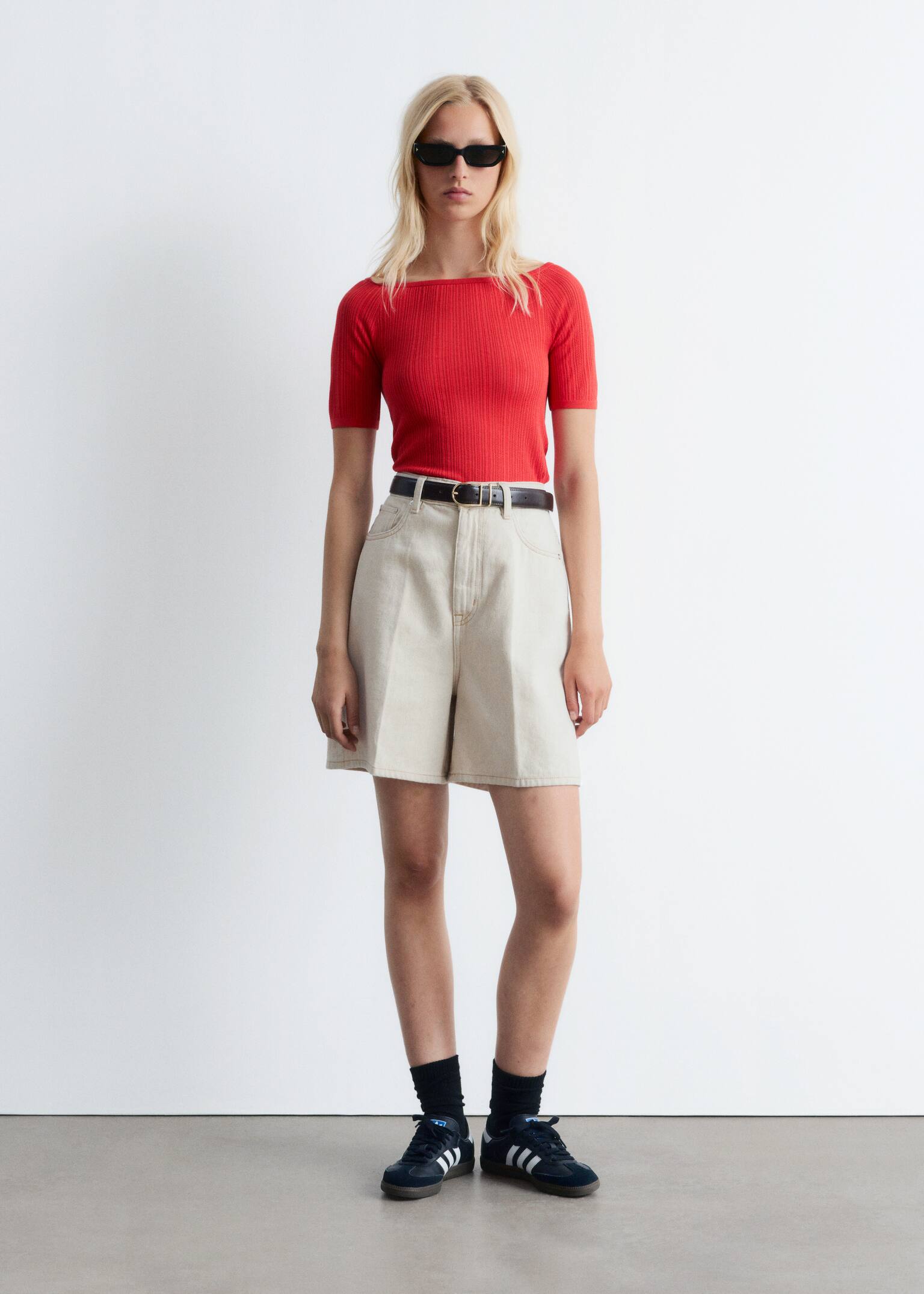 Rib-Knit Off-Shoulder Top - Red