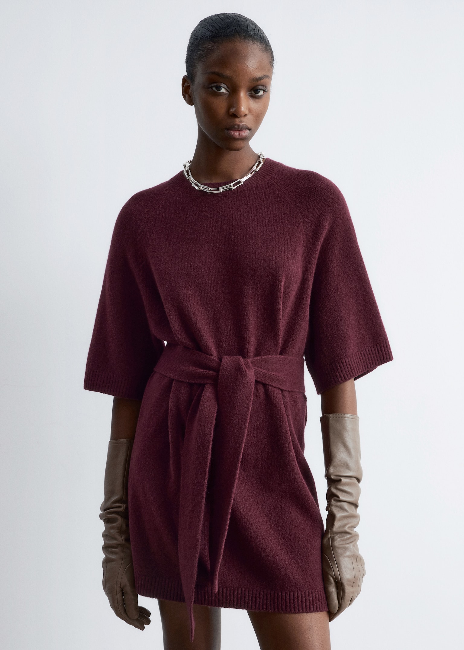 Knitted T-Shirt Mini Dress - Dark Red/Dark Brown - 7