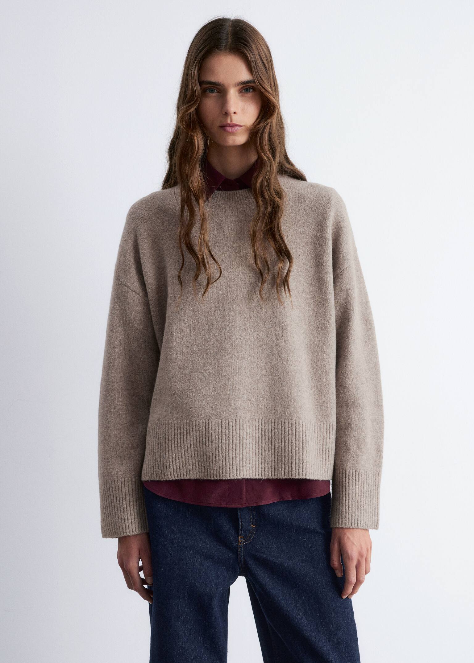 Locker geschnittener Strickpullover - Graubraun/Beige/Dunkelrot/Dunkelblau/Schwarz/Dunkelbraun/Weiß/Flieder/Grau meliert/Hellrosa/Cerise Pink/Taupe - 1