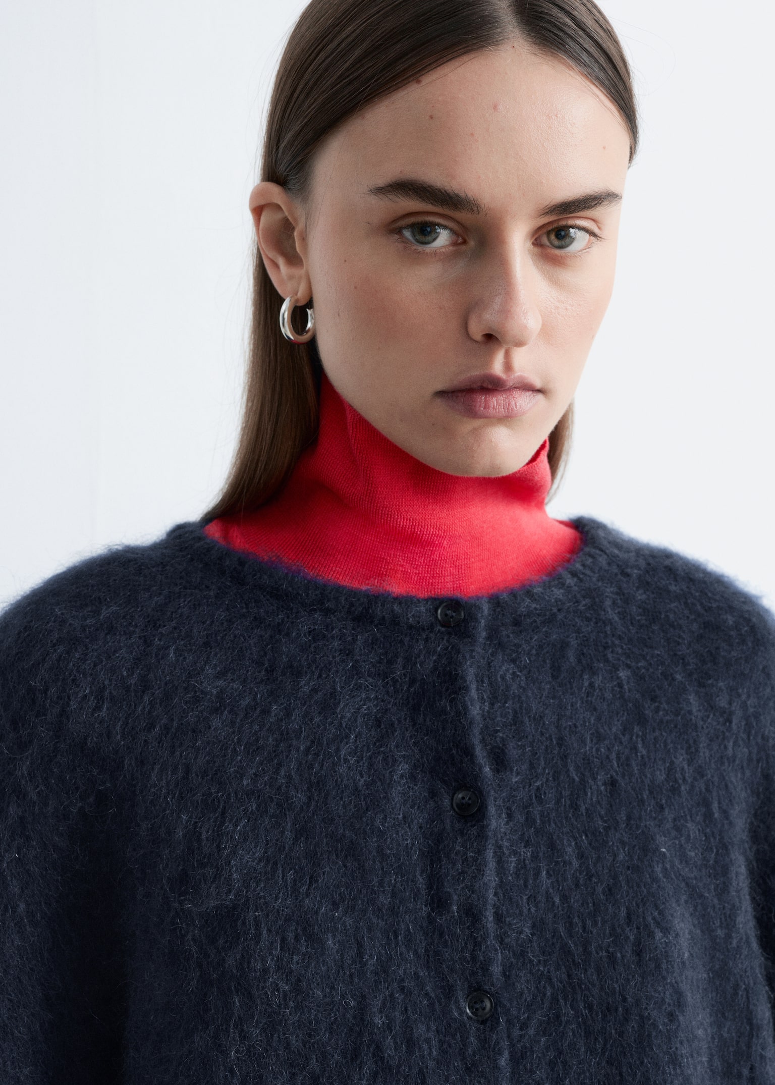 Cardigan i børstet mohairblend - Marineblå/Knaldrød/Lysegrå - 5