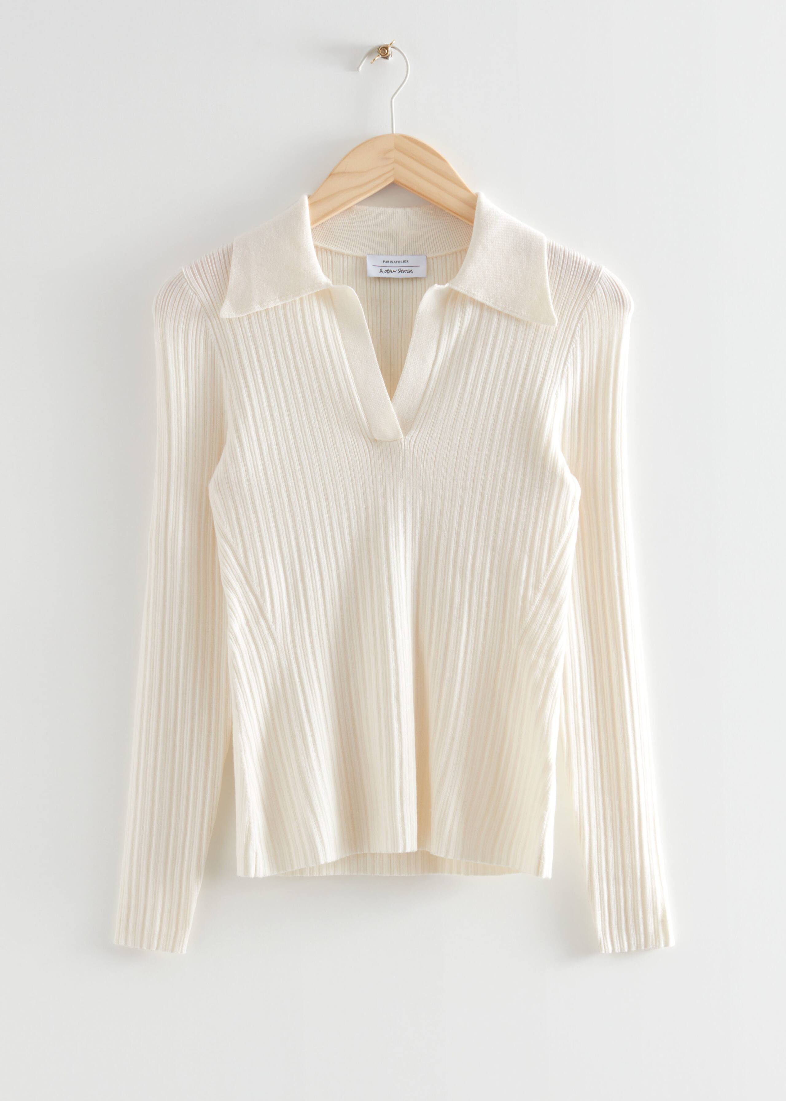 Fitted Ribbed Polo Top - Striped White - Still Life